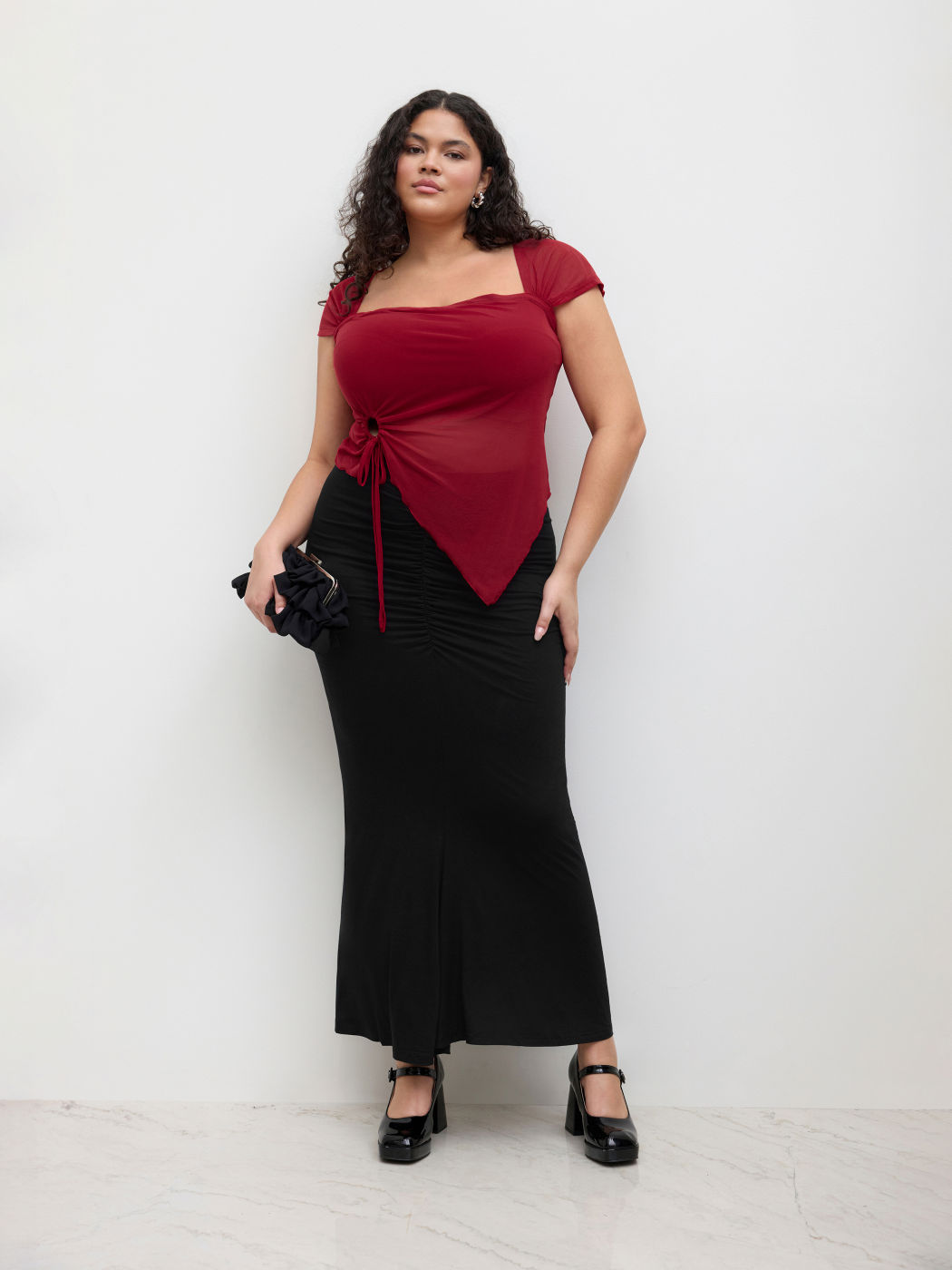 Mid Rise Solid Ruched Maxi Skirt Curve & Plus