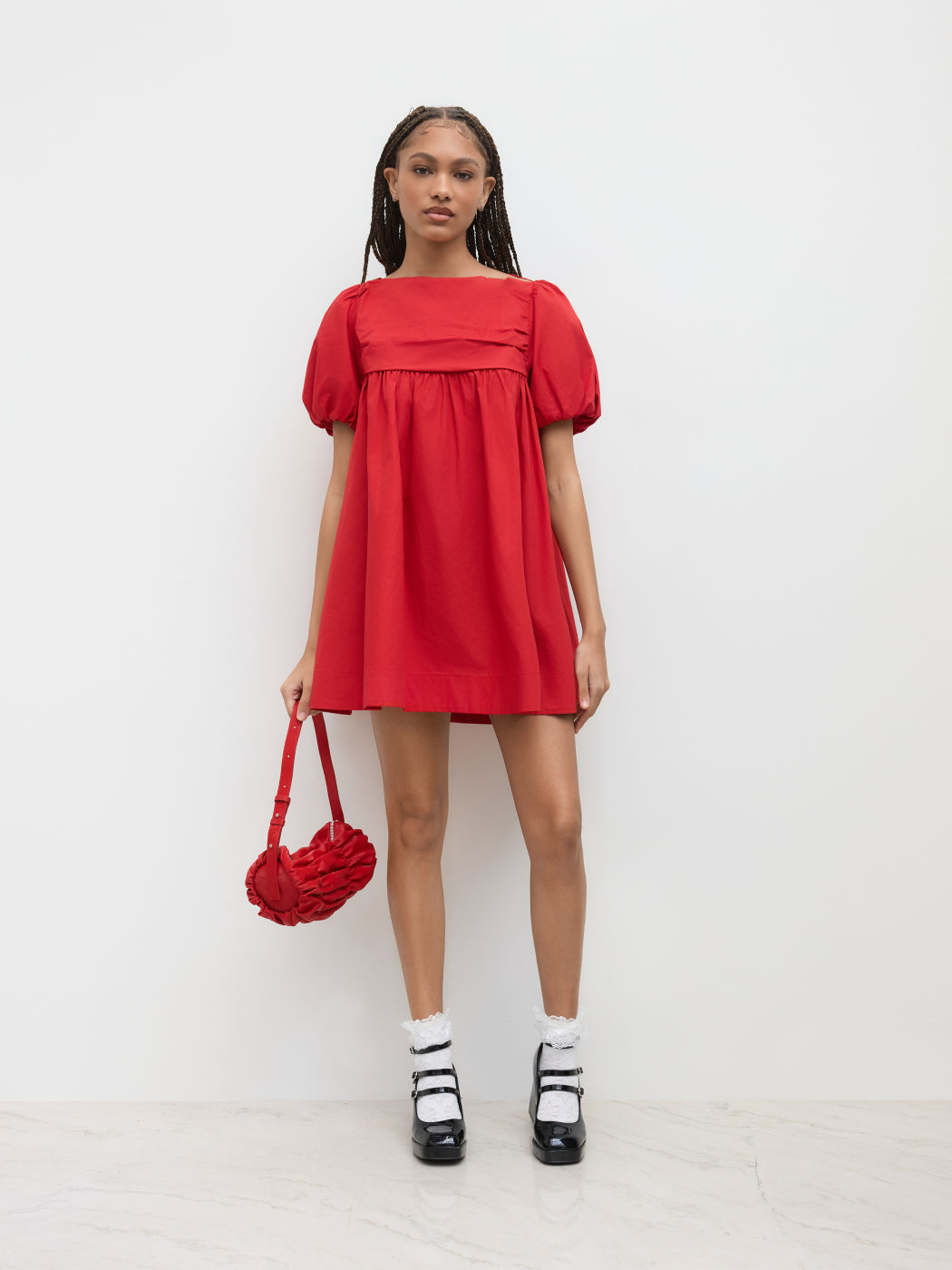 100% Cotton Boat Neck Puff Sleeve Ruffle Mini Dress