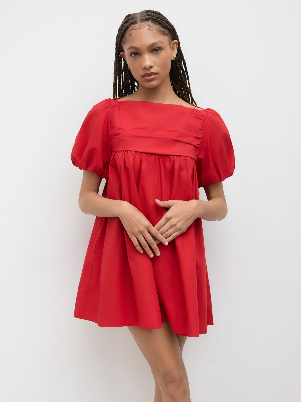 100% Cotton Boat Neck Puff Sleeve Ruffle Mini Dress