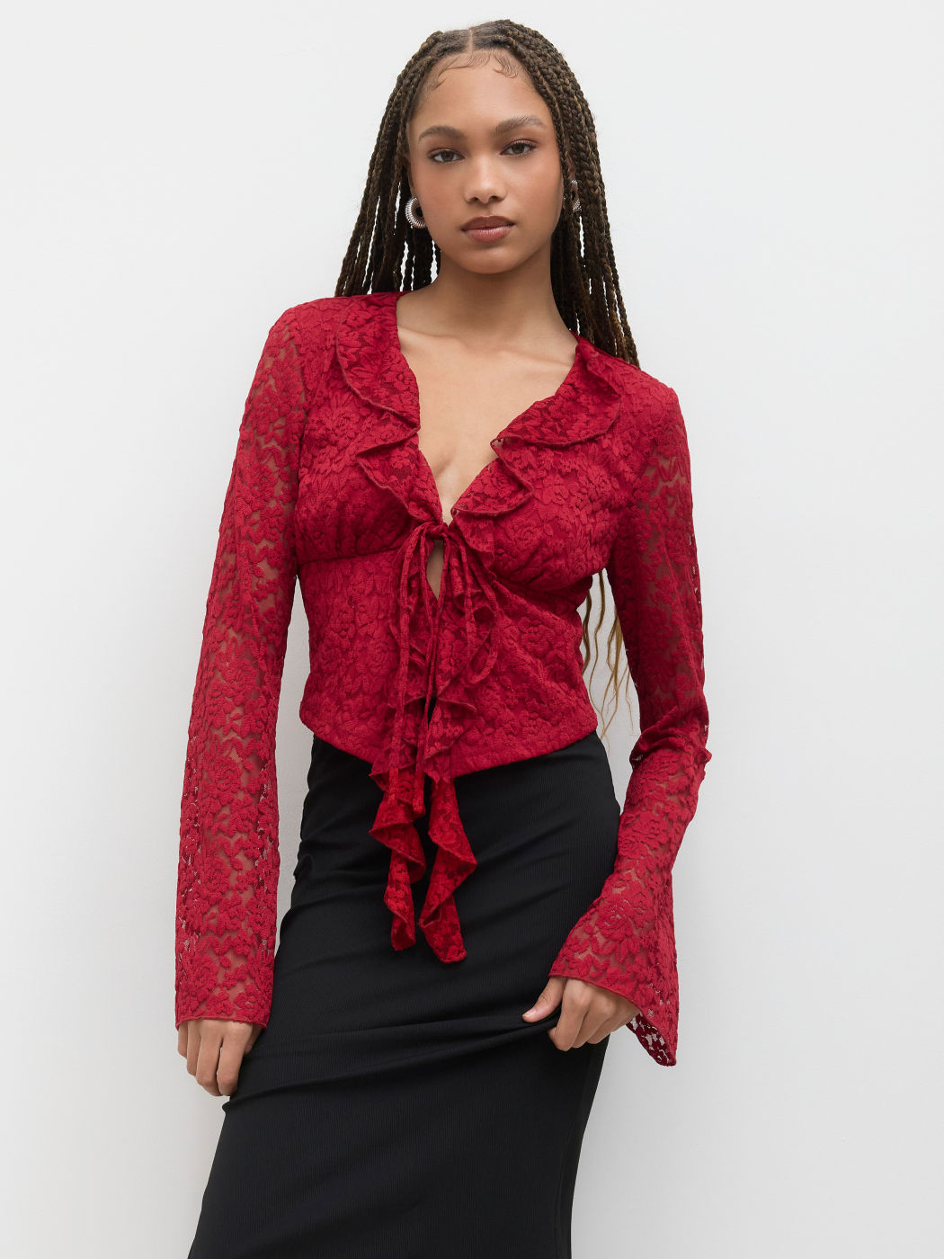 Spitzen V-Ausschnitt Blumen Bindung Rüschensaum Crop Top