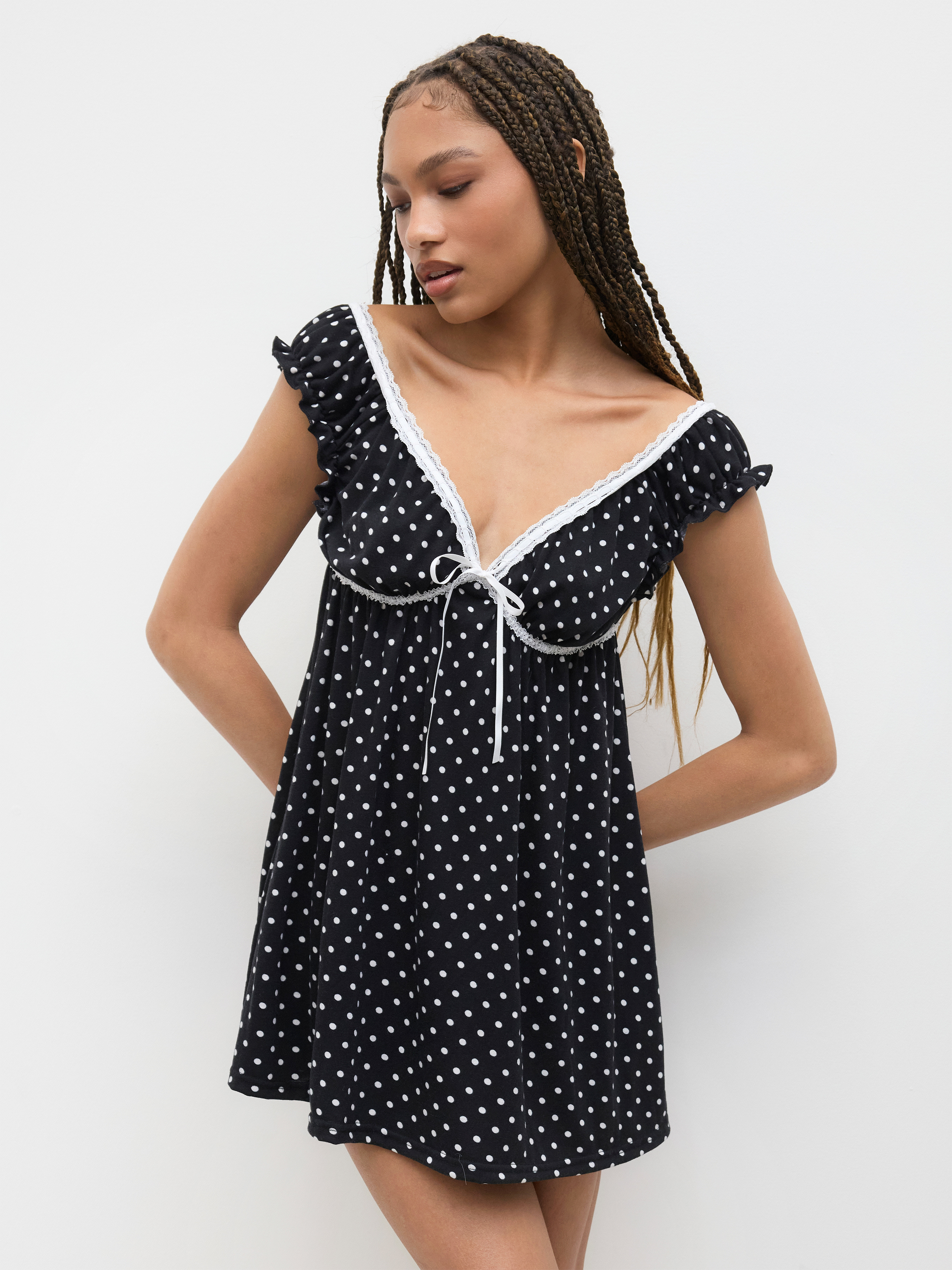 Woven V-neck Polka Dot Lace Trim Bowknot Mini Dress For