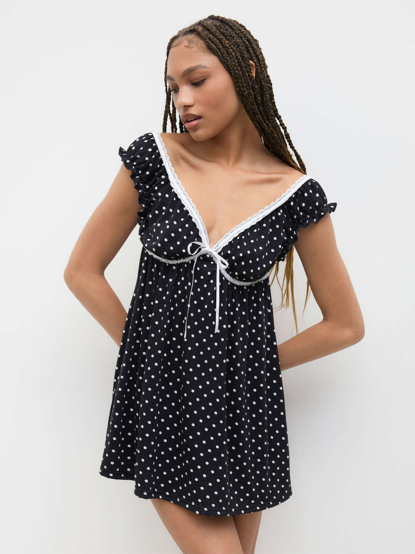 V-neck Polka Dot Lace Trim Bowknot Mini Dress