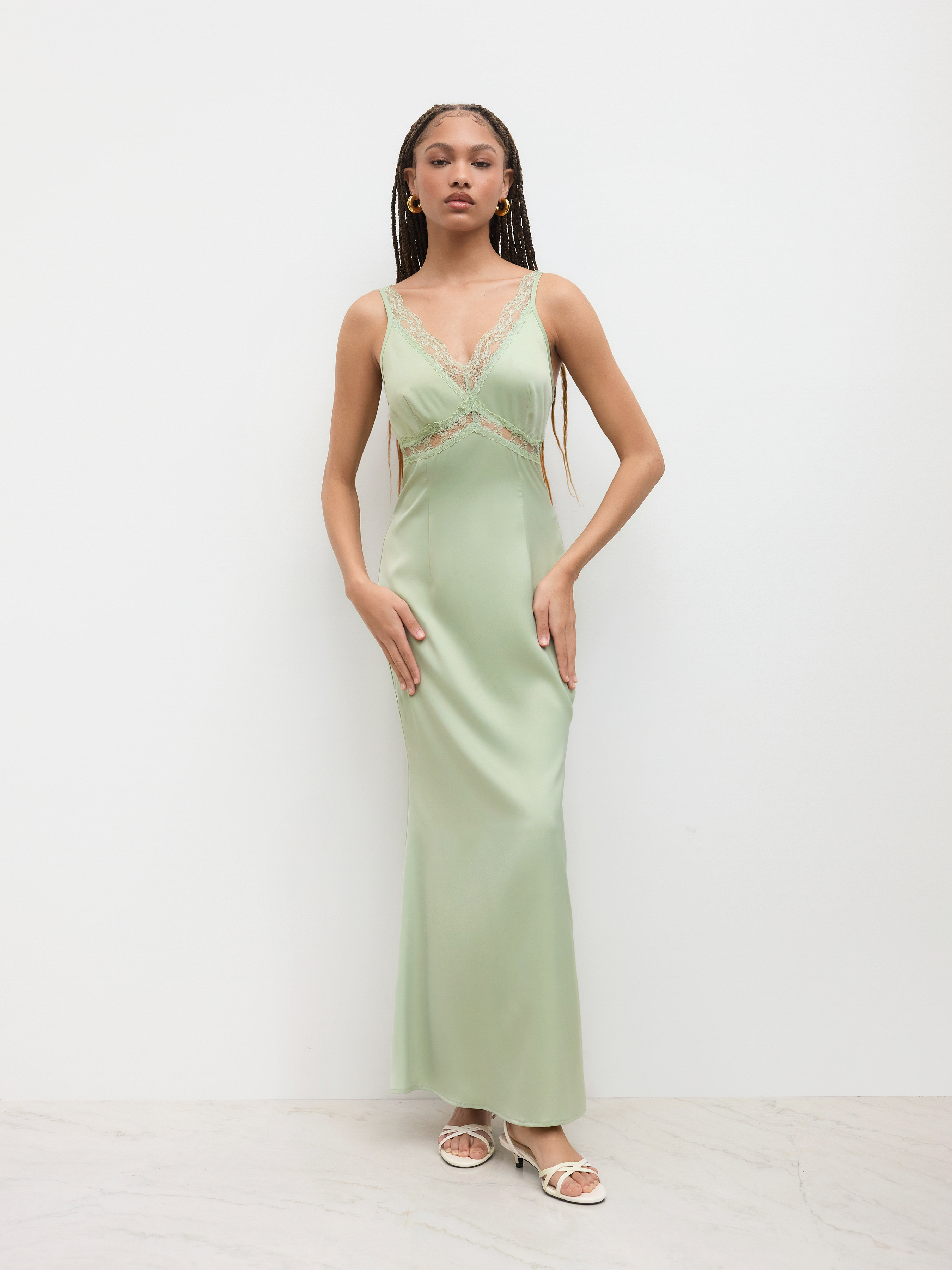 Satin Satin V-neck Lace Trim Cami Maxi Dress For Date