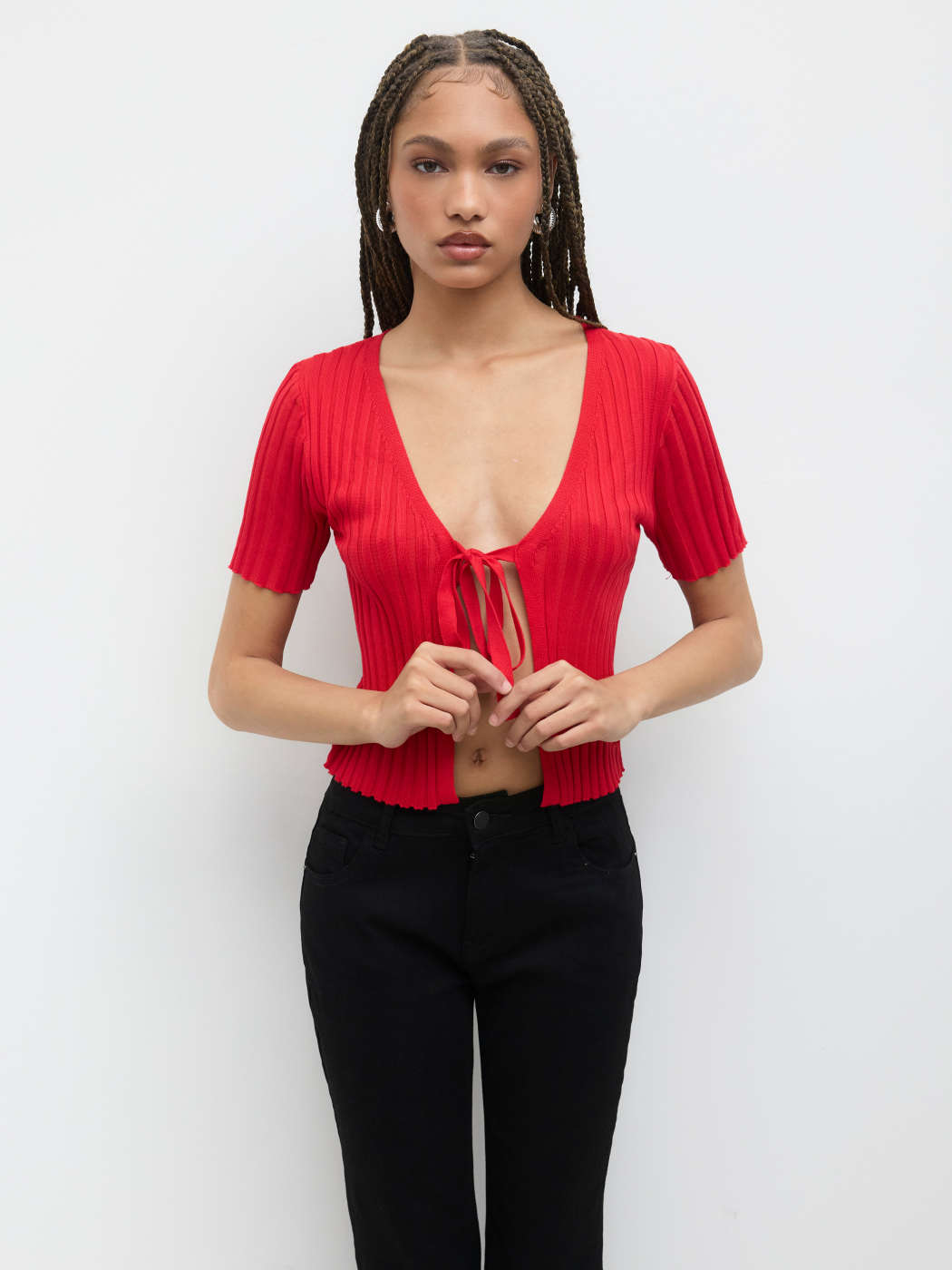 Strickstoff Strick V-Ausschnitt Einfarbig Schleife Kurzarm