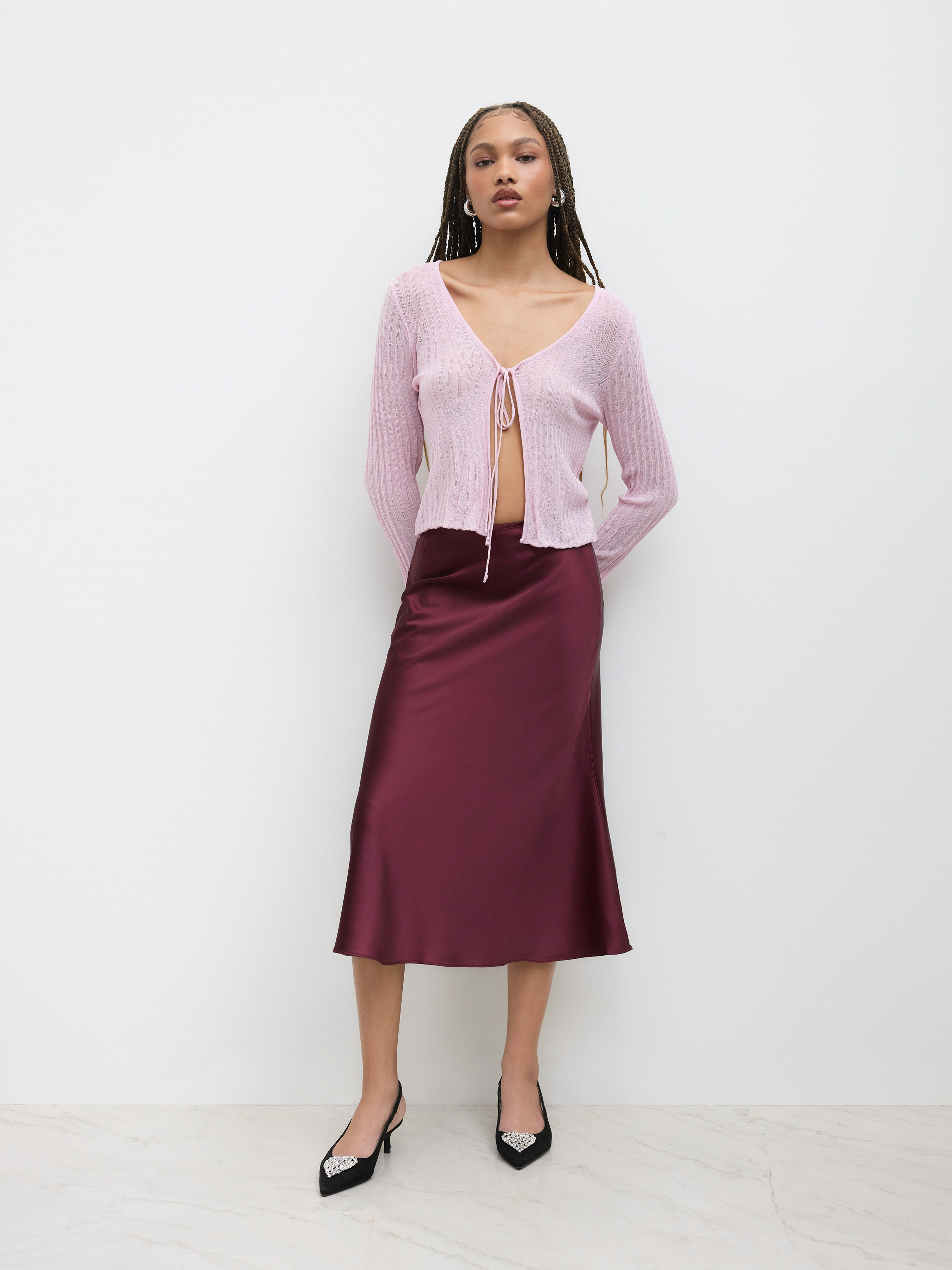 Satin Solid Ruffle Long Skirt