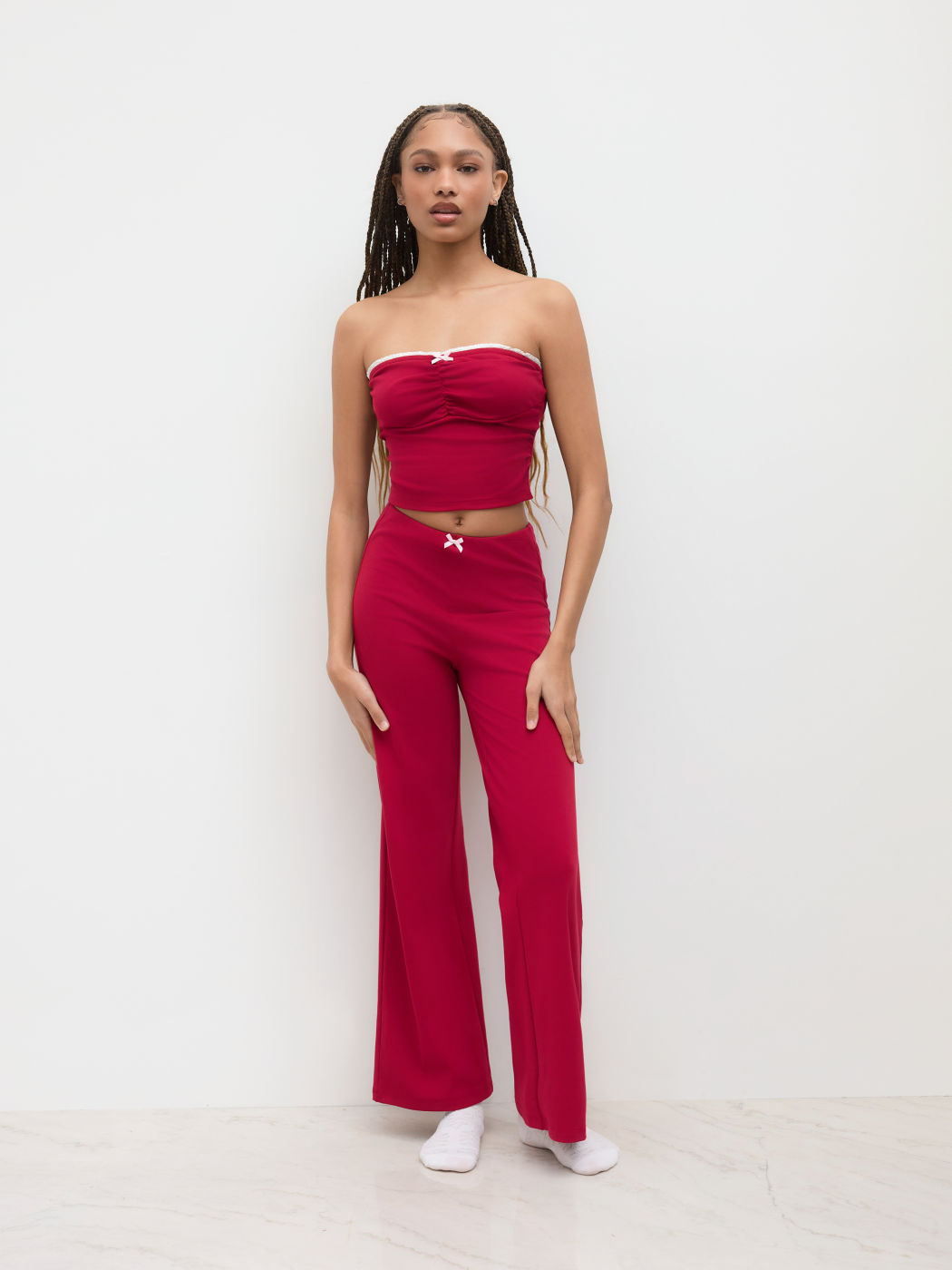 Cotton-blend Ruched Crop Bandeau Top & Bowknot Flared Trousers Set