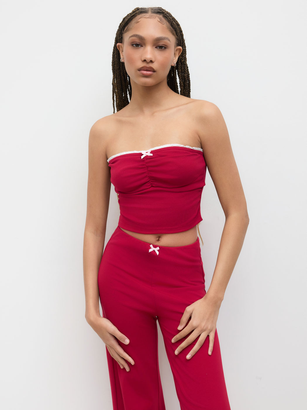 Cotton-blend Ruched Crop Bandeau Top & Bowknot Flared Trousers Set