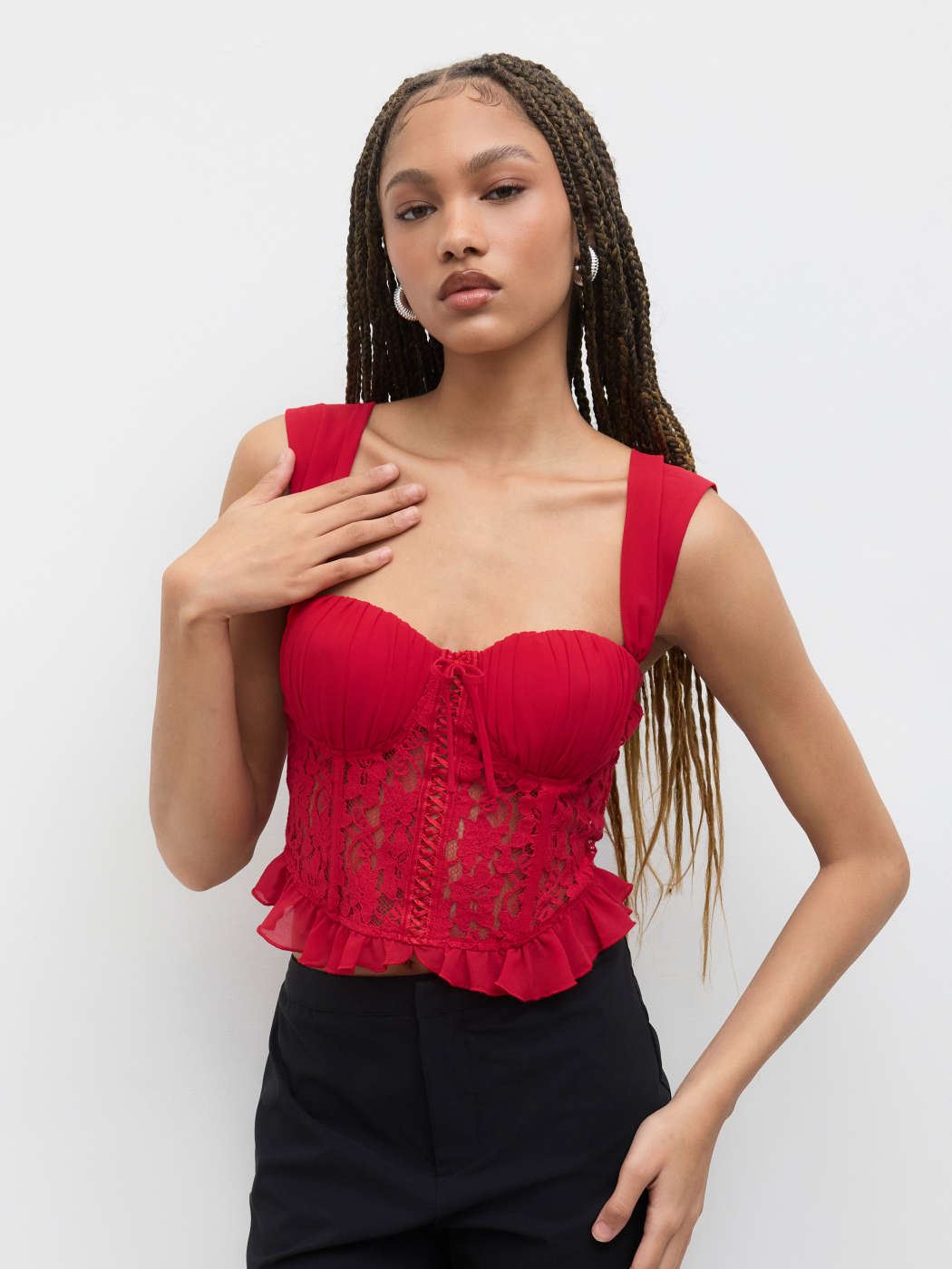 Tissé Lace Bowknot Lettuce Trim Corset Crop Tank Top For Rencard