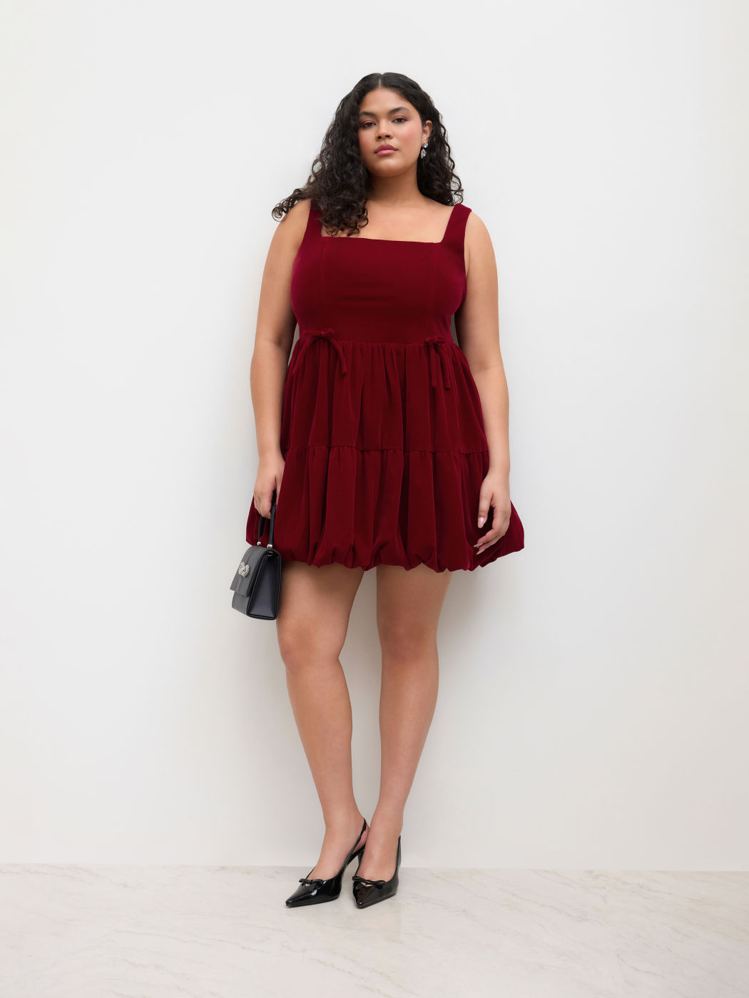 Samt Schnürung Schleife Bubble Saum Minikleid Kurve & Plus