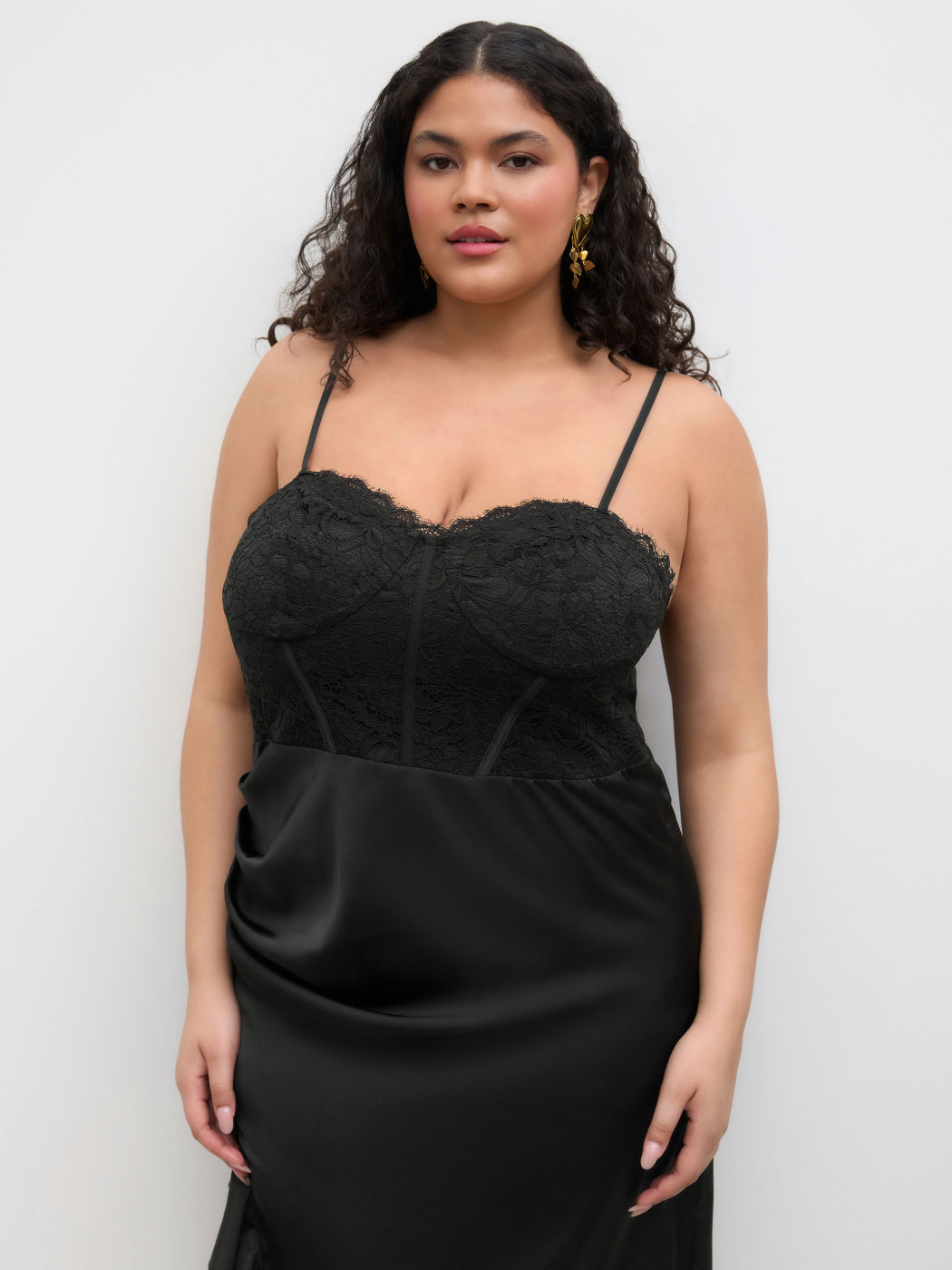 Satin Sweetheart Lace Split Ruffle Hem Corset Maxi Dress Curve & Plus