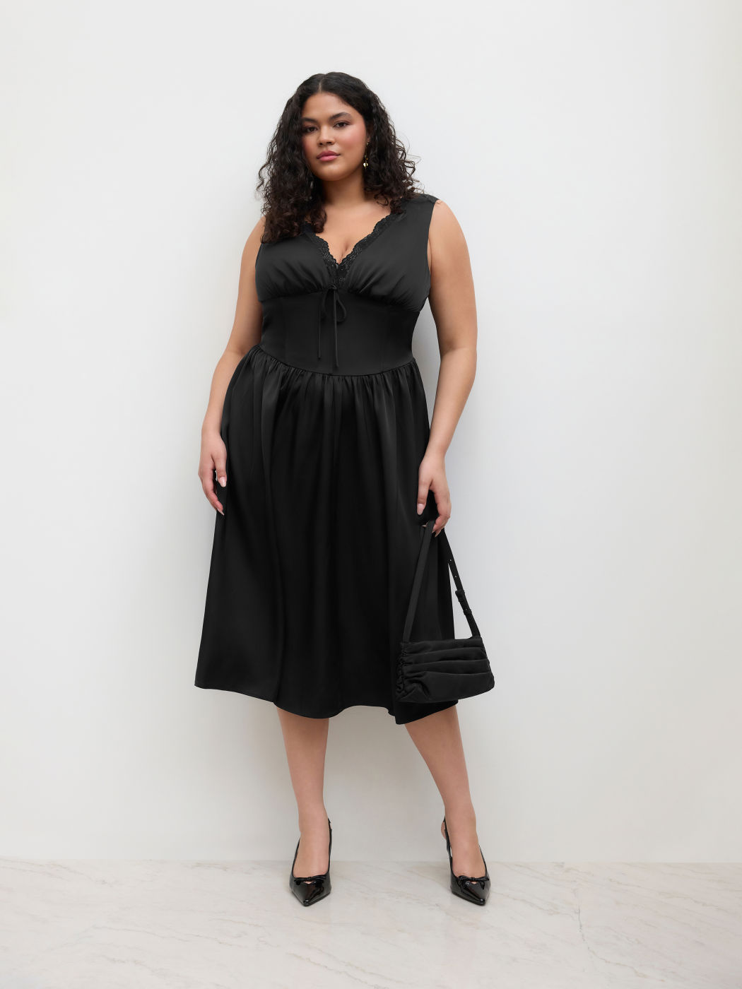 Satin V-neck Lace Trim Knotted Maxi Dress Curve & Plus