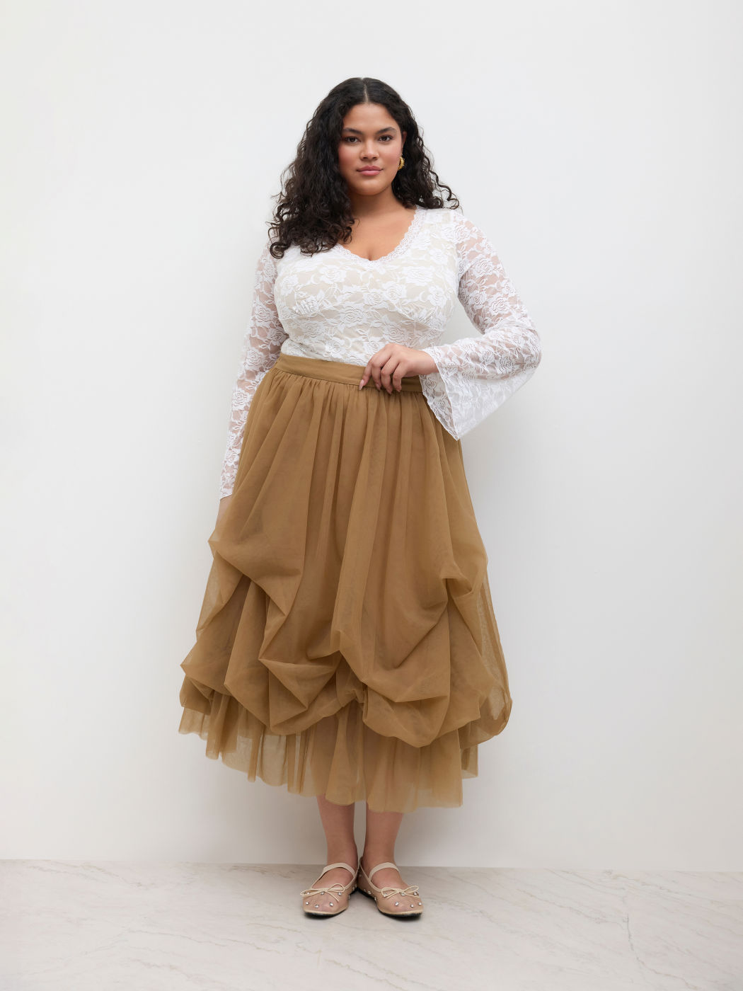Voluminöse Netz-Maxi-Tüll-Rüschen-Skirt mit Mittelhöhe Kurve & Plus
