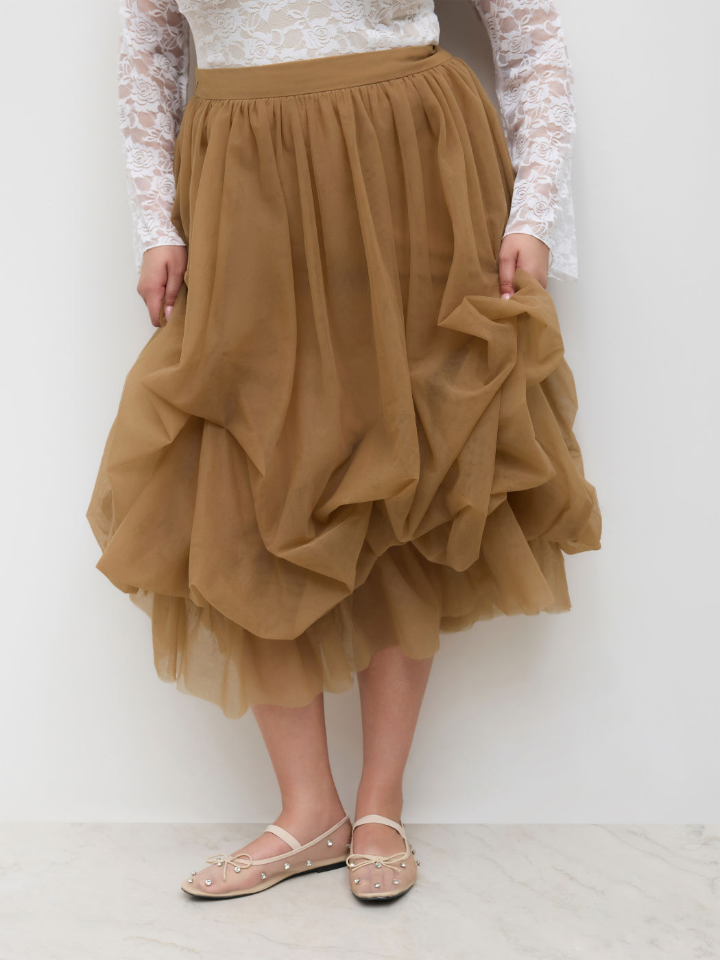 Voluminöse Netz-Maxi-Tüll-Rüschen-Skirt mit Mittelhöhe Kurve & Plus