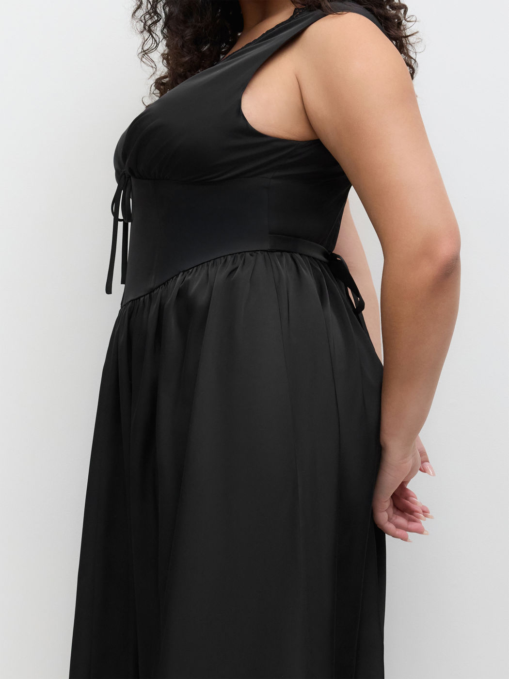 Satin V-neck Lace Trim Knotted Maxi Dress Curve & Plus