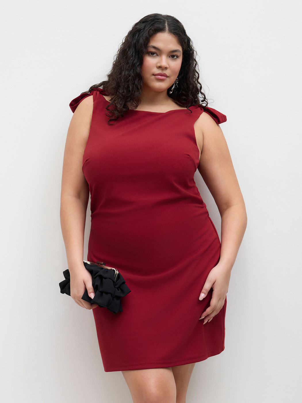 Boat Neck Solid Ruched Bowknot Mini Dress Curve & Plus