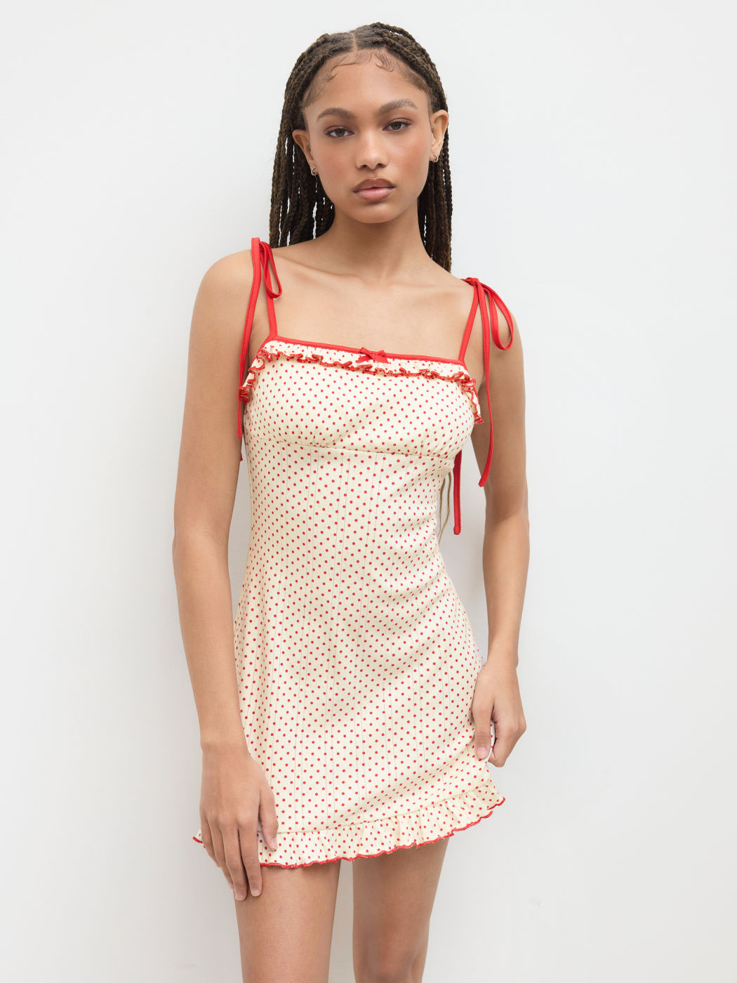 Baumwolle Polka Dot Schleife Minikleid