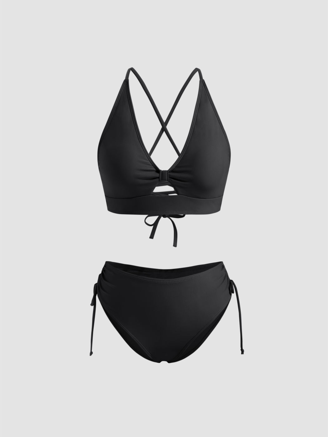 V-neck Lace Up Drawstring Bracelet Full Coverage Bikini Set