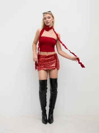 Bandeau Top With Rosette Scarf & Sequin Mini Skirt Set