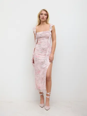Lace Floral Ruffle Hem Split Maxi Dress