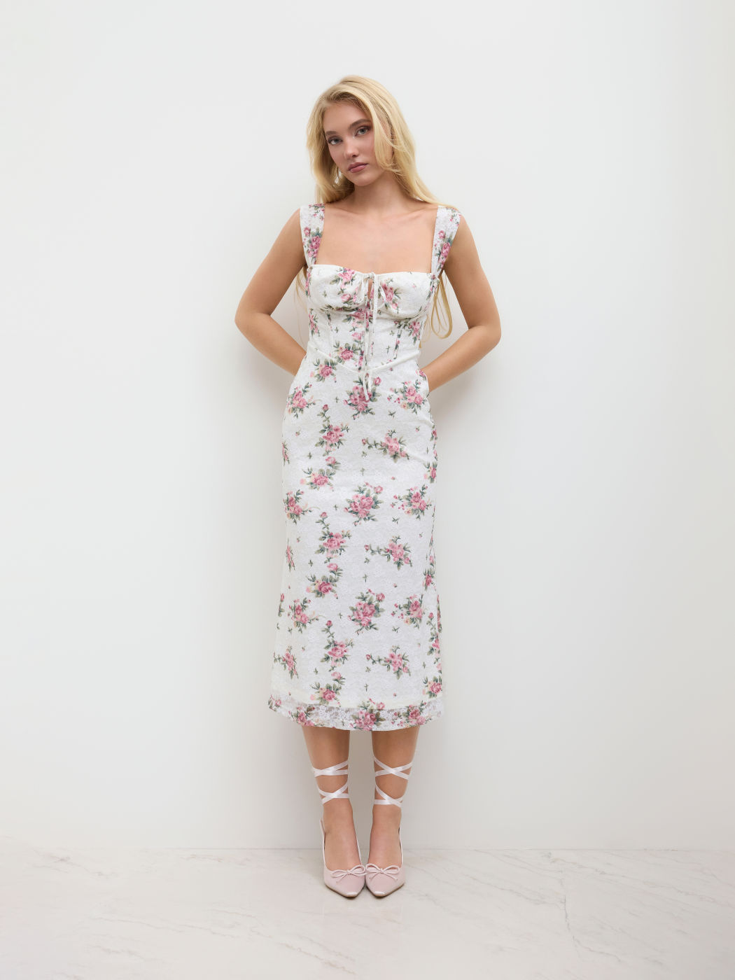 Lace Floral Knotted Ruffle Midi Dress