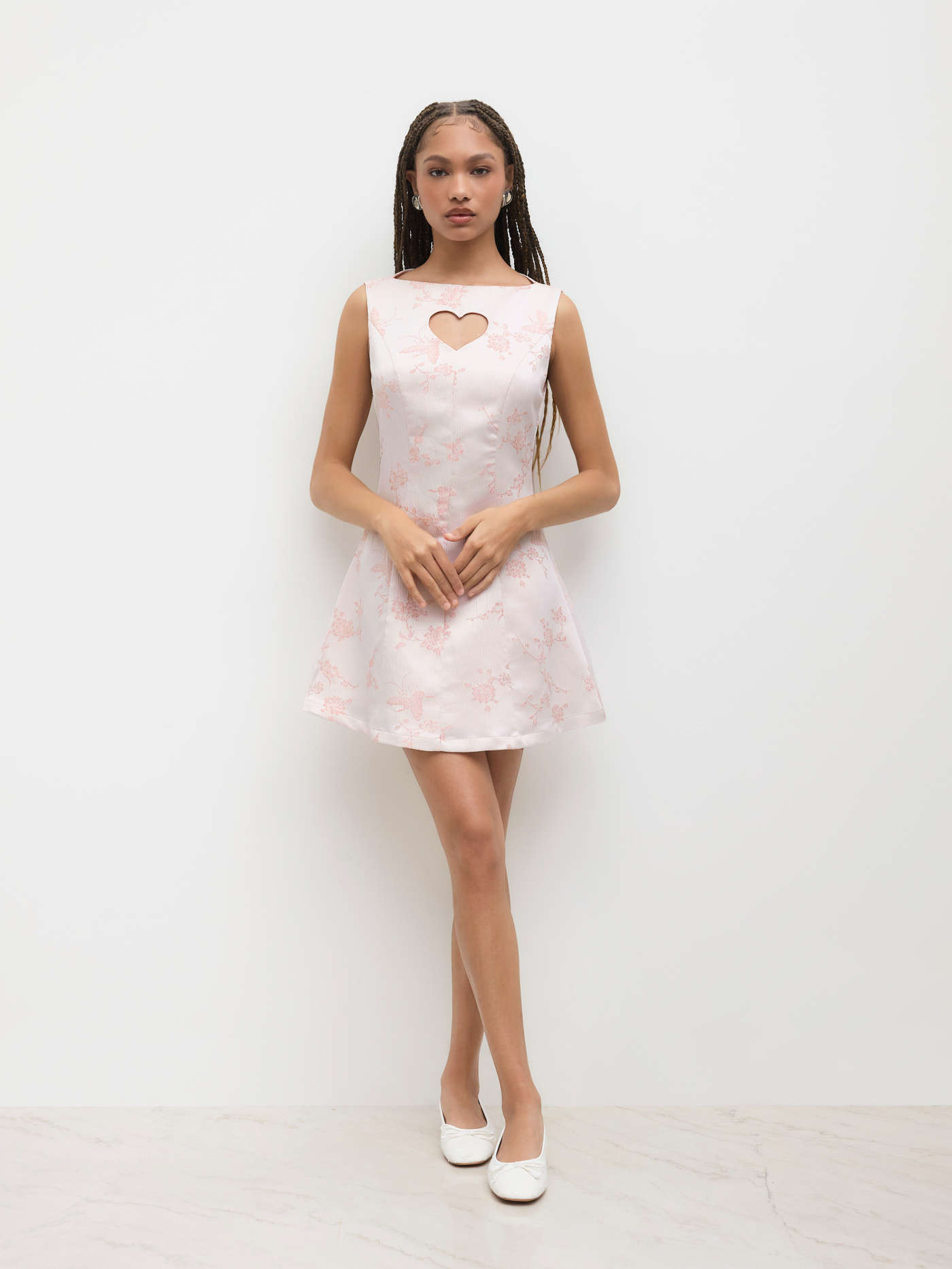 Boat Neck Floral Heart Cut Out Mini Dress
