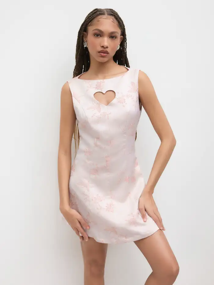 Sabrina Carpenter Outfit Valentine Woven Boat Neck Floral Heart Cut Out  Mini Dress For Date