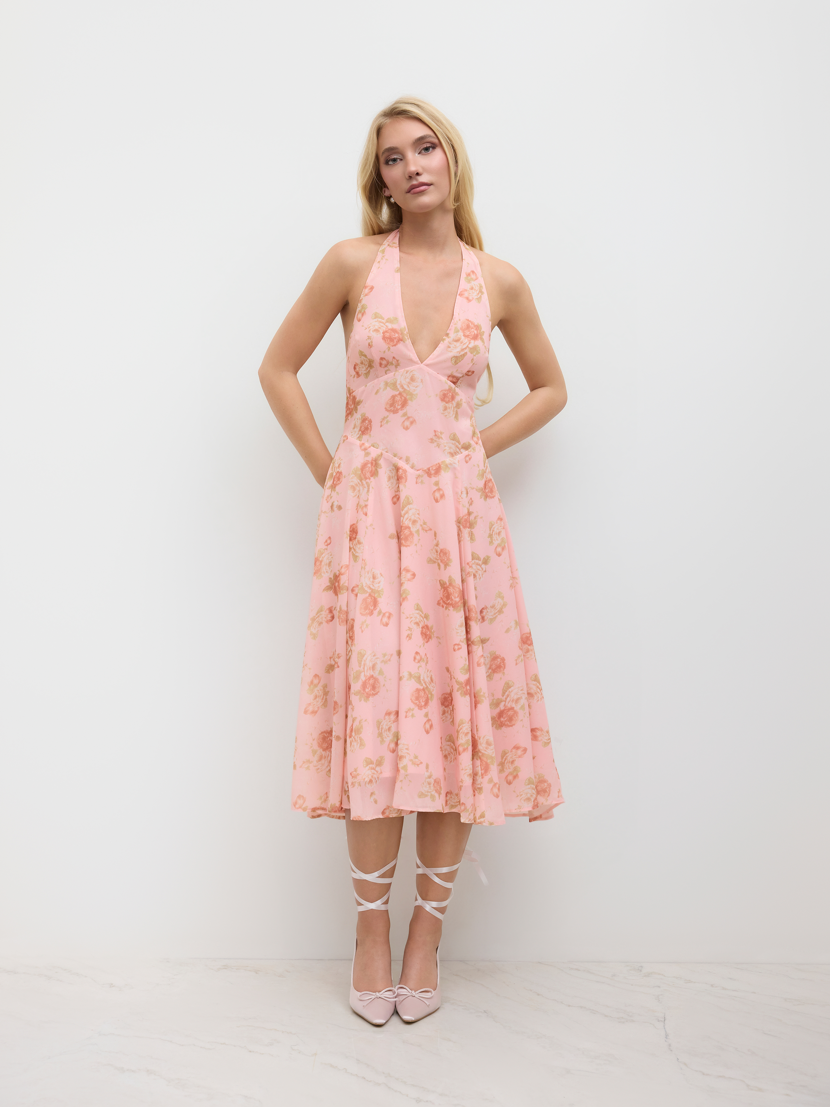 ★Cest Moidew★ Cest_Mesh halter neck floral dress Mesh Mesh Halter Neckline Floral Ruffle Midi Dress For Date