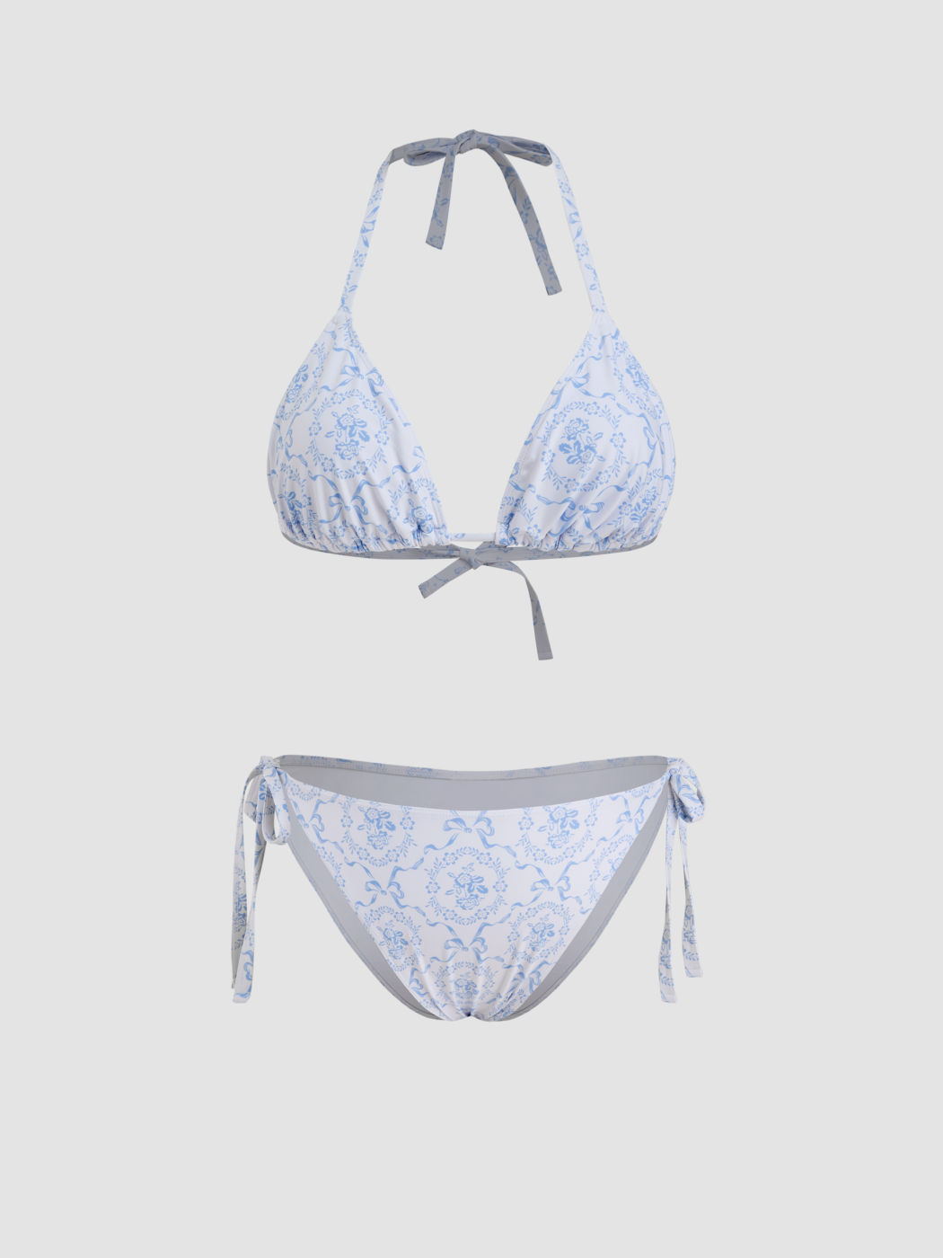 V-neck Floral Halter Cheeky Bikini Set With Bowknot Sarong Curve & Plus