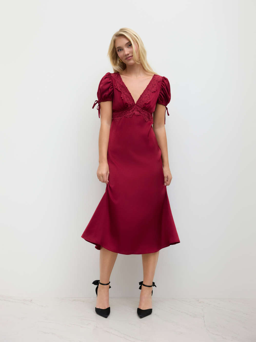 Satén Vestido Midi de Satén con Cuello en V y Manga Abullonada For