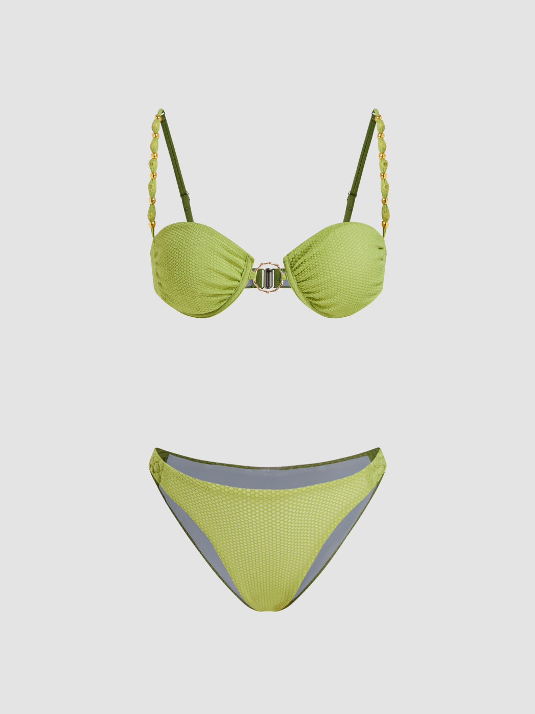 Square Neck Beaded O-Ring Texture Underwire Cheeky Bikini Set