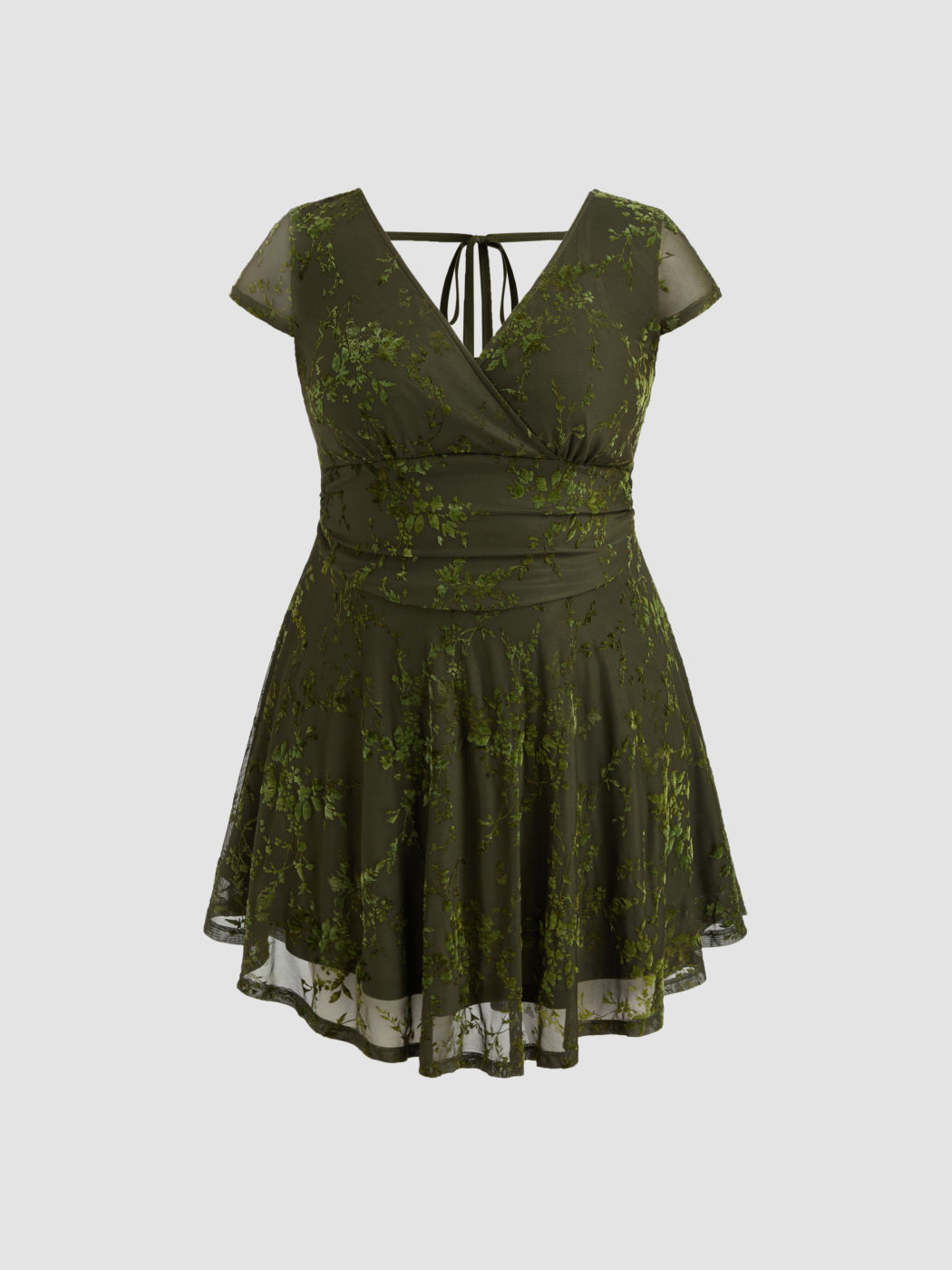 Mesh V-neck Lace Floral Knotted Mini Dress Curve & Plus