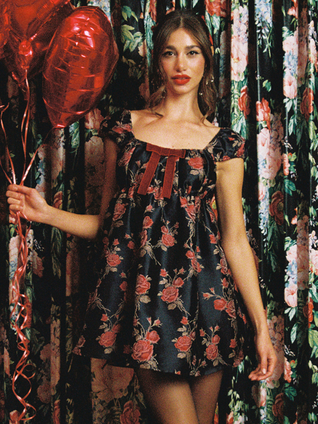 Jacquard Rose Bowknot Mini Dress