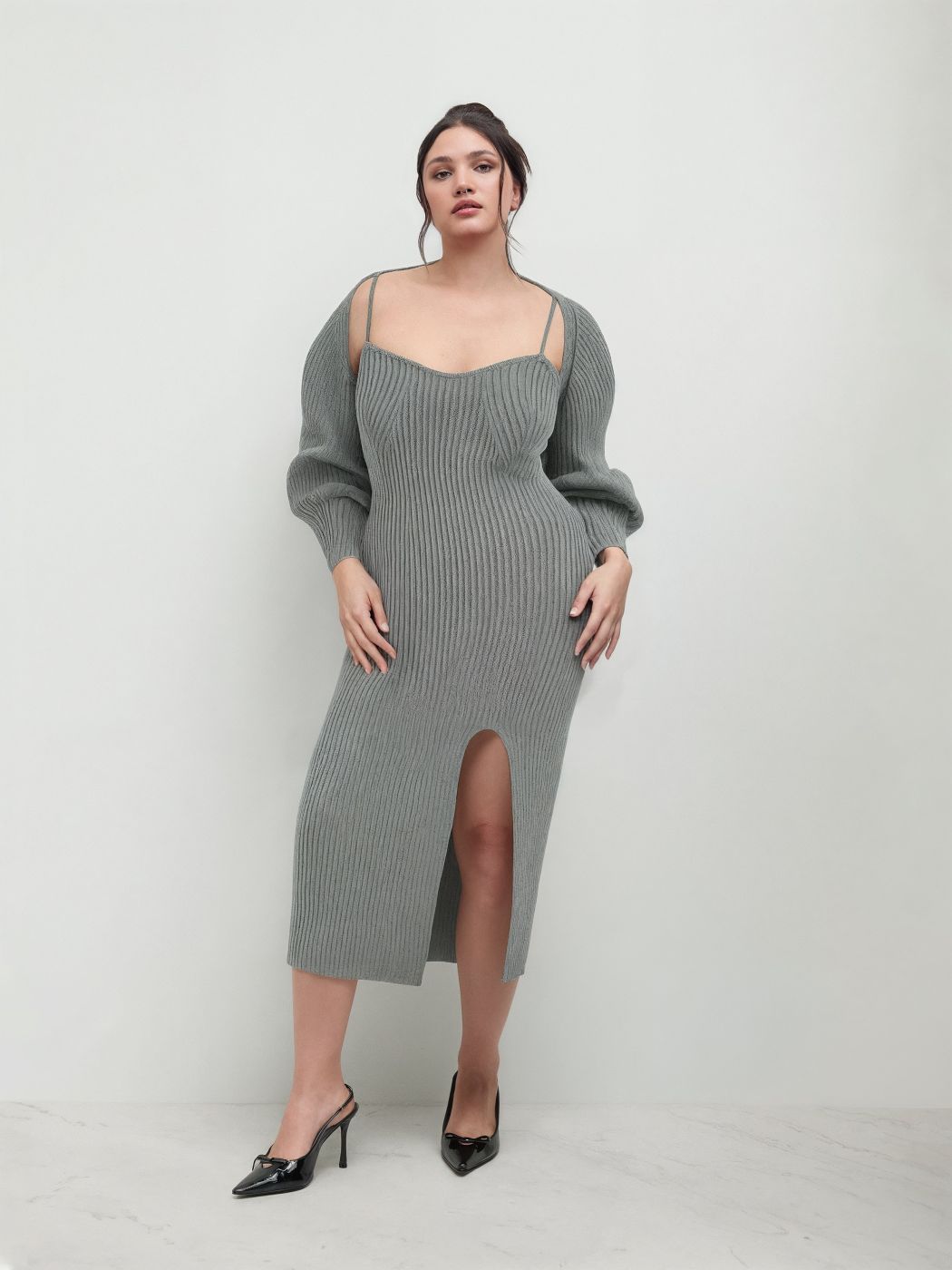 Einfarbiges Strick-Cami-Split-Midikleid & Crop Top Kurve & Plus