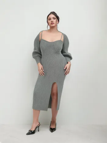 Einfarbiges Strick-Cami-Split-Midikleid & Crop Top Kurve & Plus