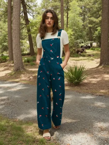 Corduroy Square Neck Mushroom Pattern Jumpsuit