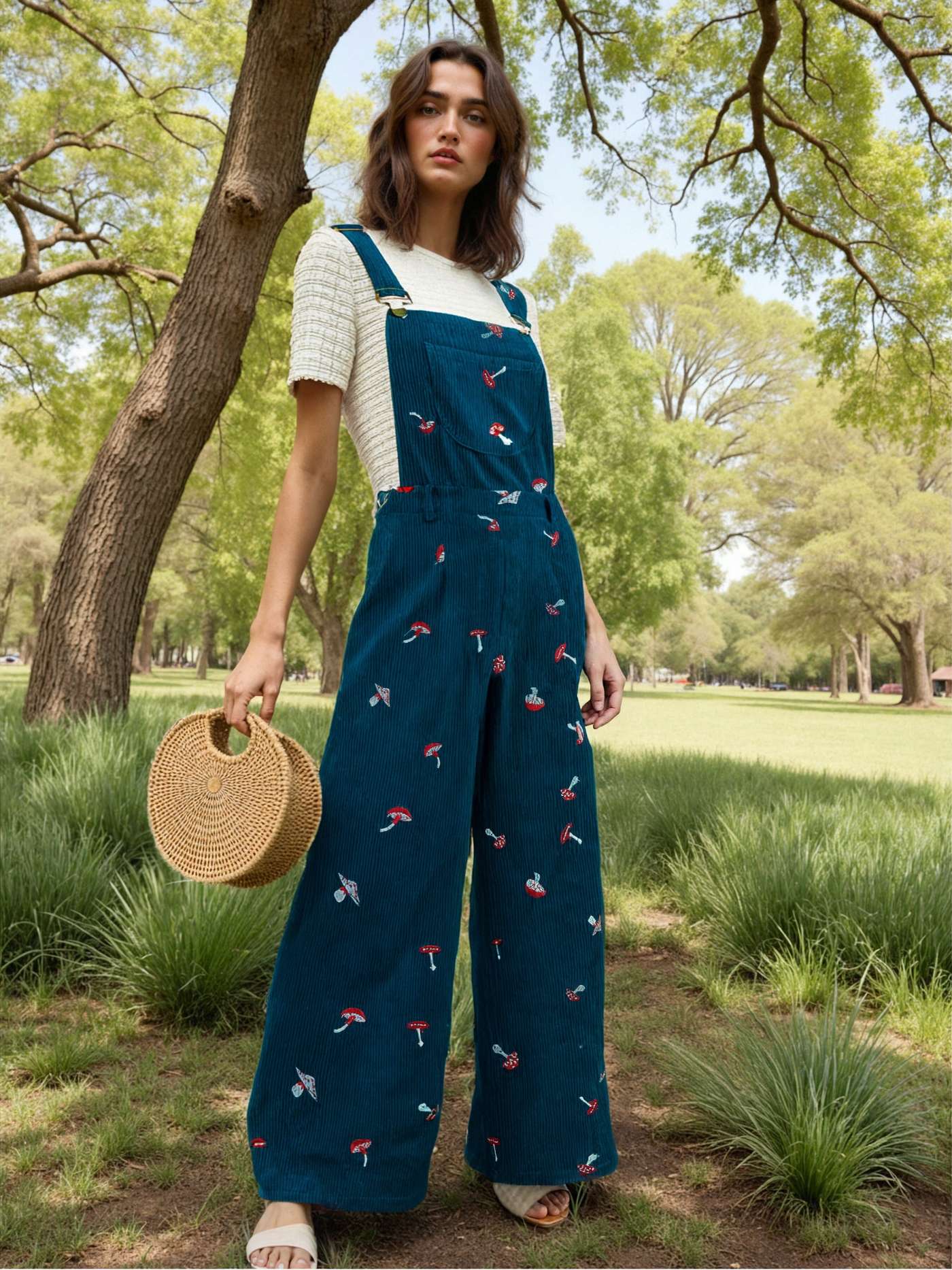 Corduroy Square Neck Mushroom Pattern Jumpsuit