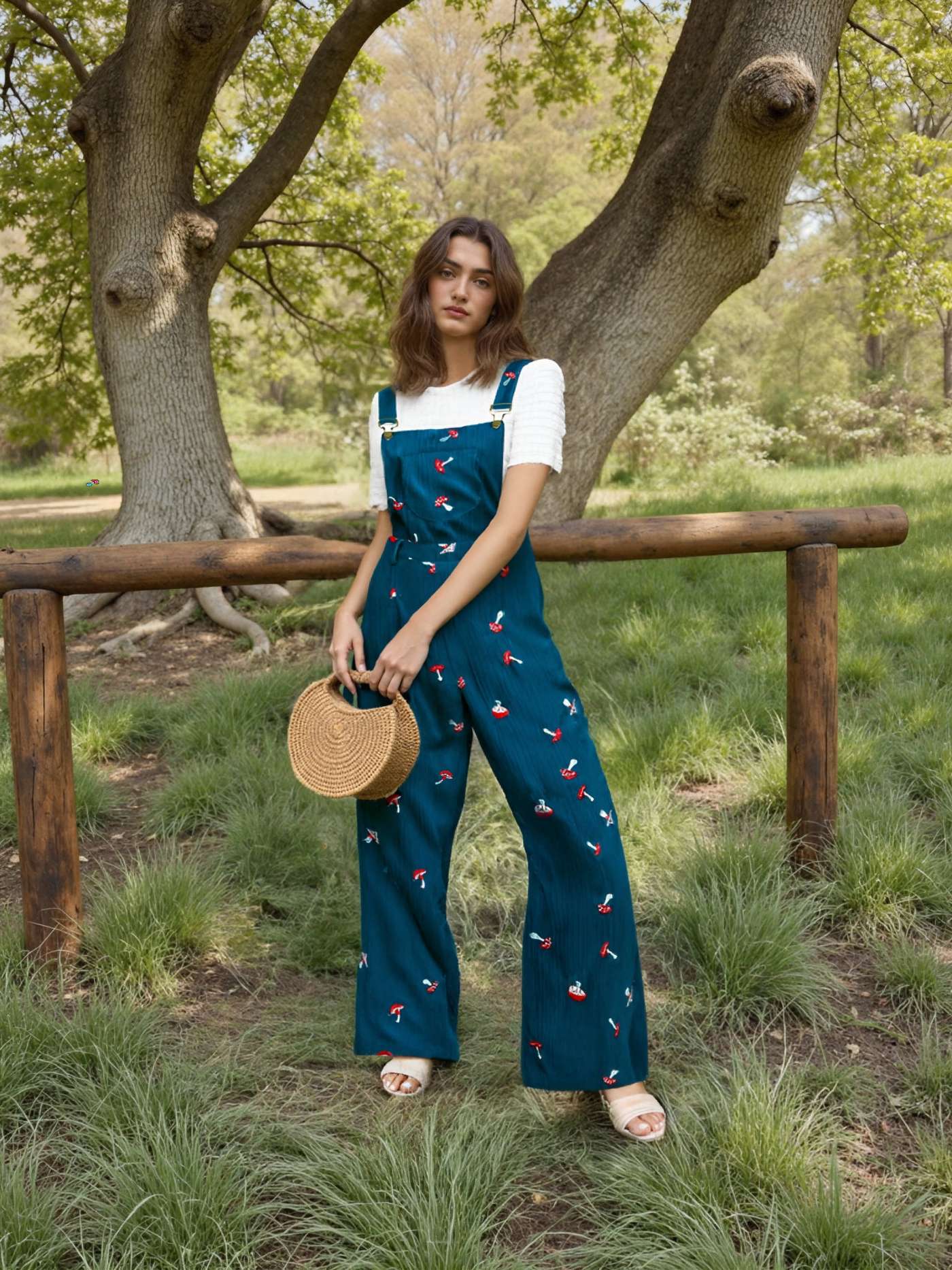 Corduroy Square Neck Mushroom Pattern Jumpsuit