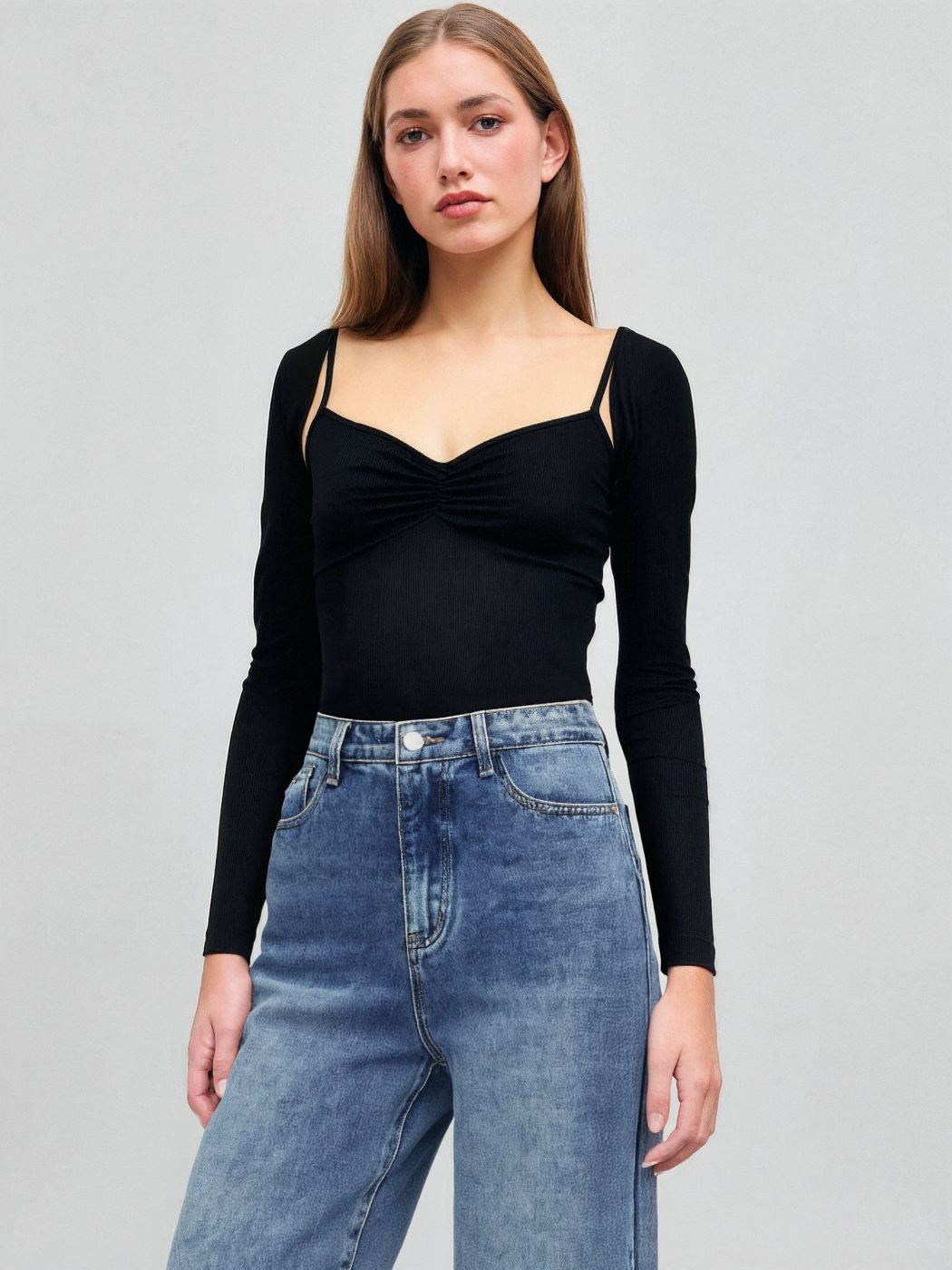 V-neck Solid Bodysuit With Long Sleeve Shrug