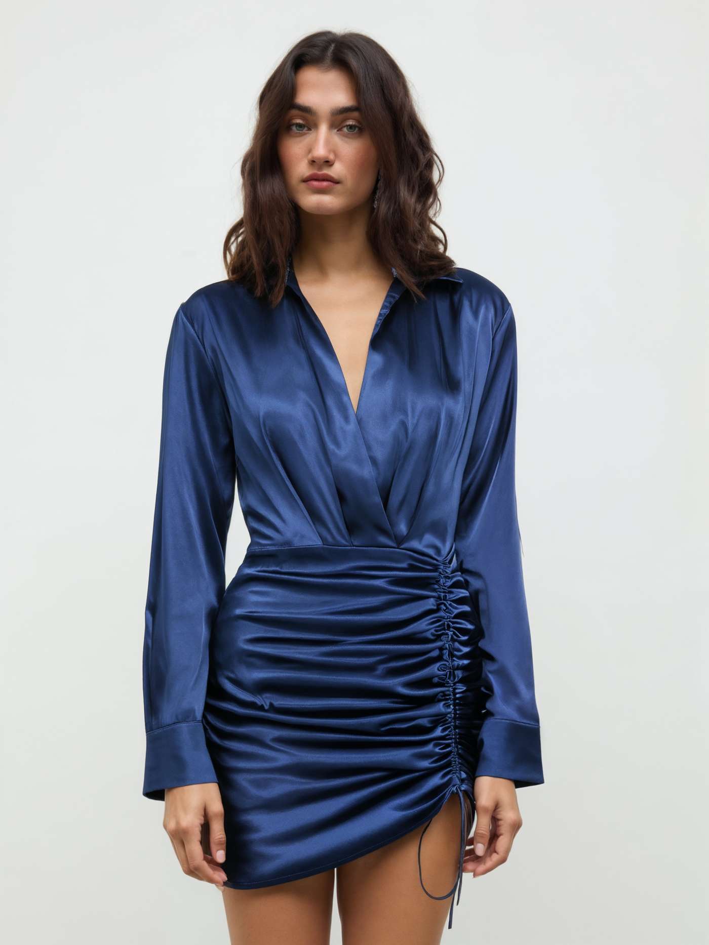Solid Drawstring Satin Mini Shirt Dress