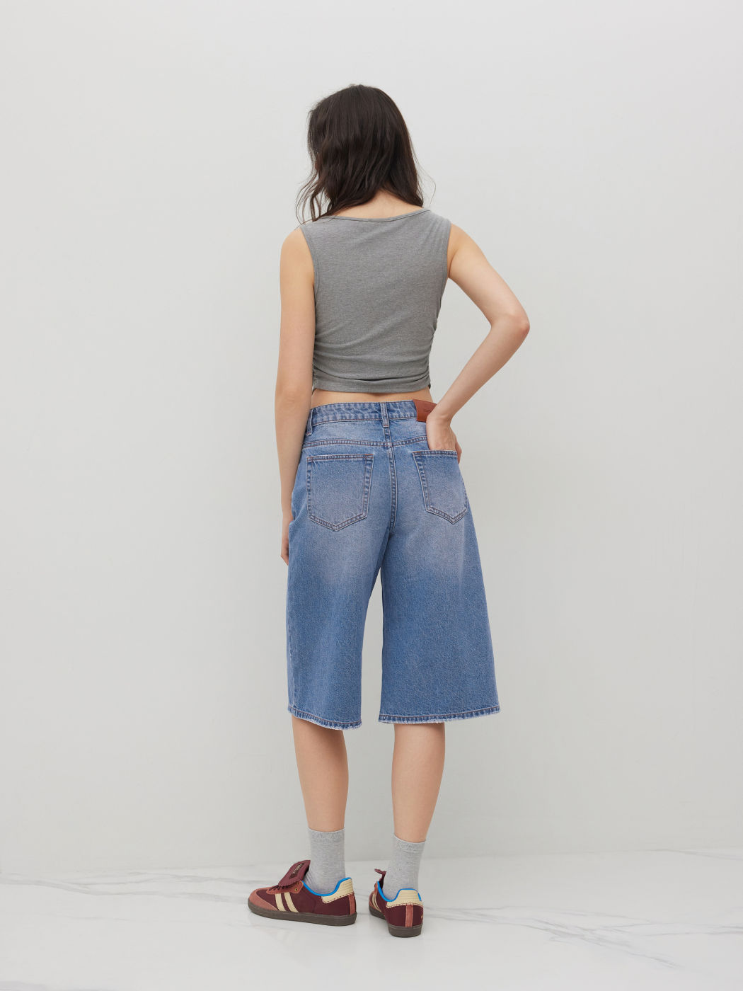Denim Low Rise Ripped Wide Leg Jorts