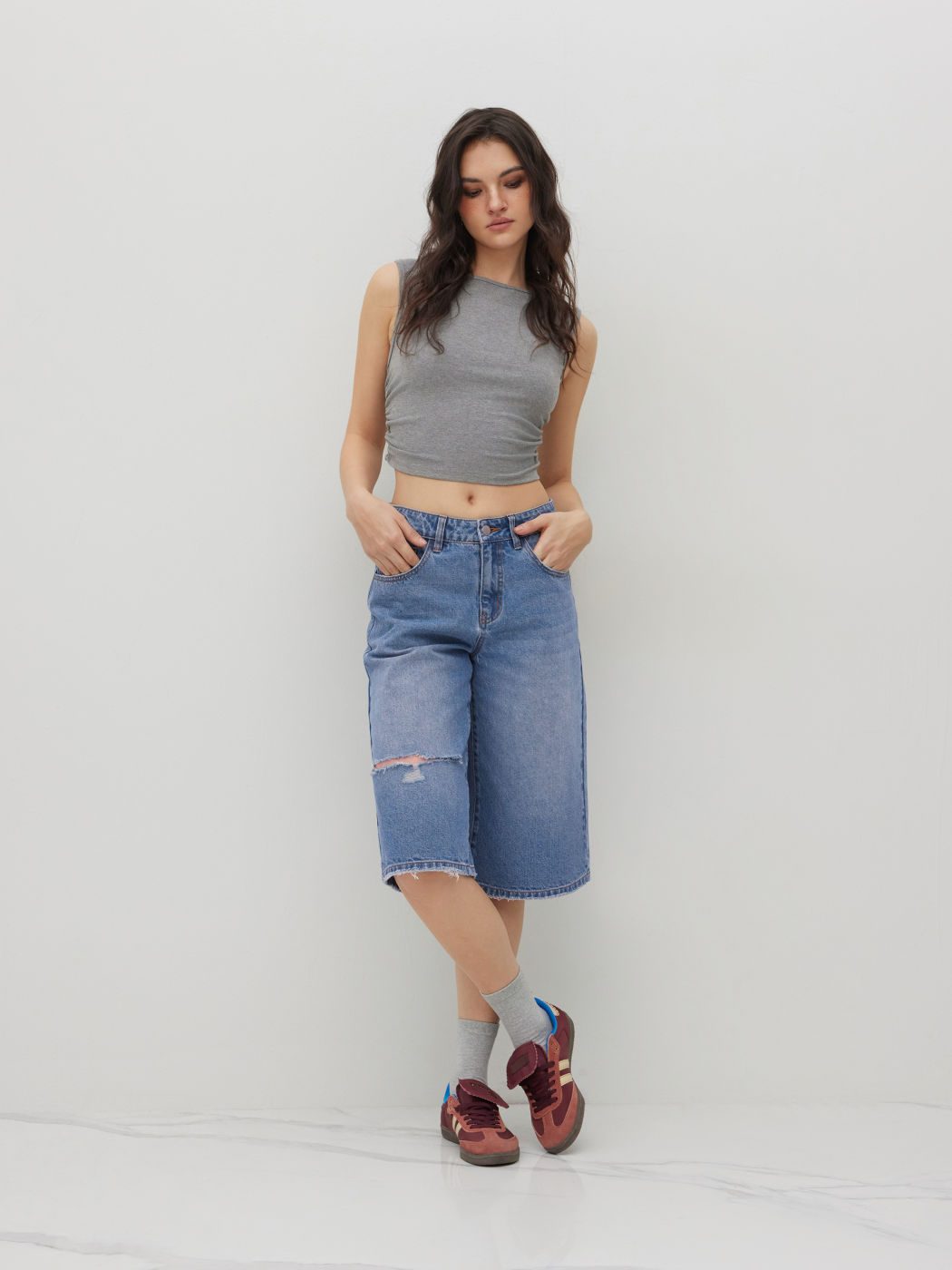 Denim Low Rise Ripped Wide Leg Jorts