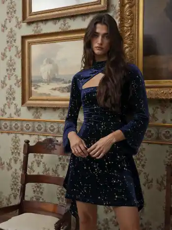 Samt Sternenmuster Glockenärmel Kurzes Kleid