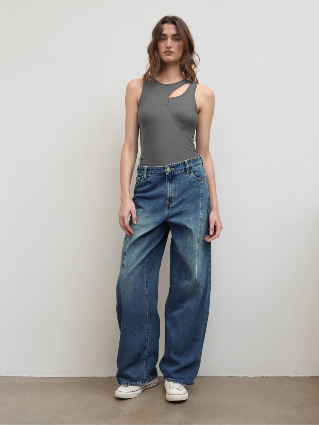 Knit Round Neck Asymmetrical Solid Bodysuit