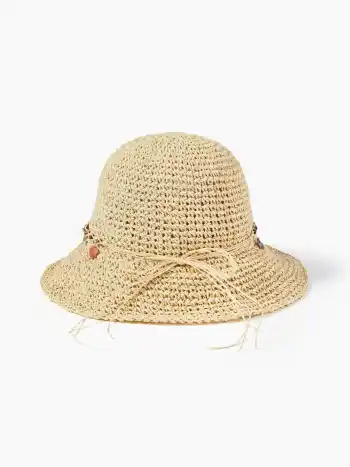 CAPPELLO DI PAGLIA DECORATO CON FIOCCO E CONCHIGLIA