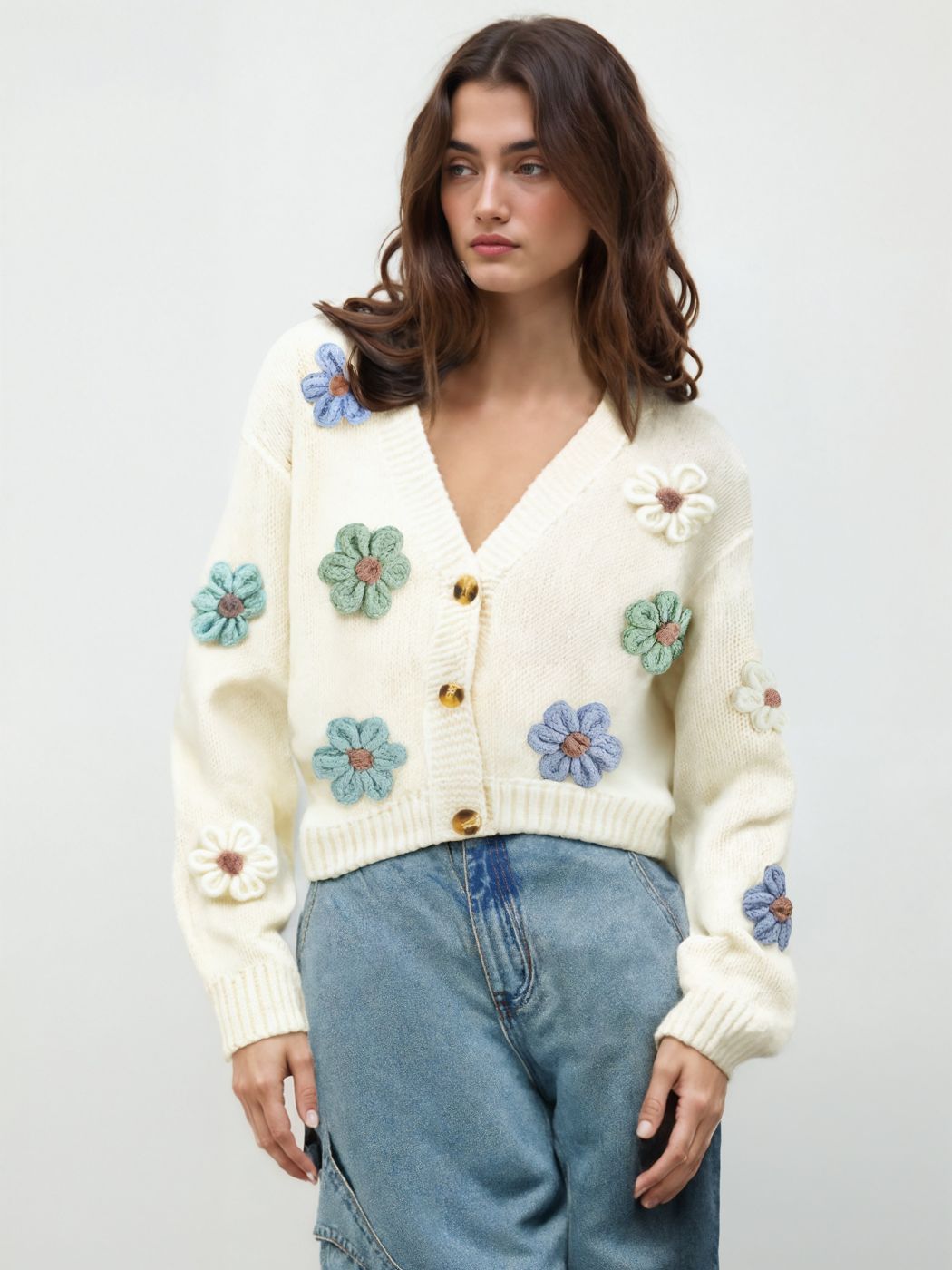 V-Ausschnitt Knopf Blumen Strickjacke