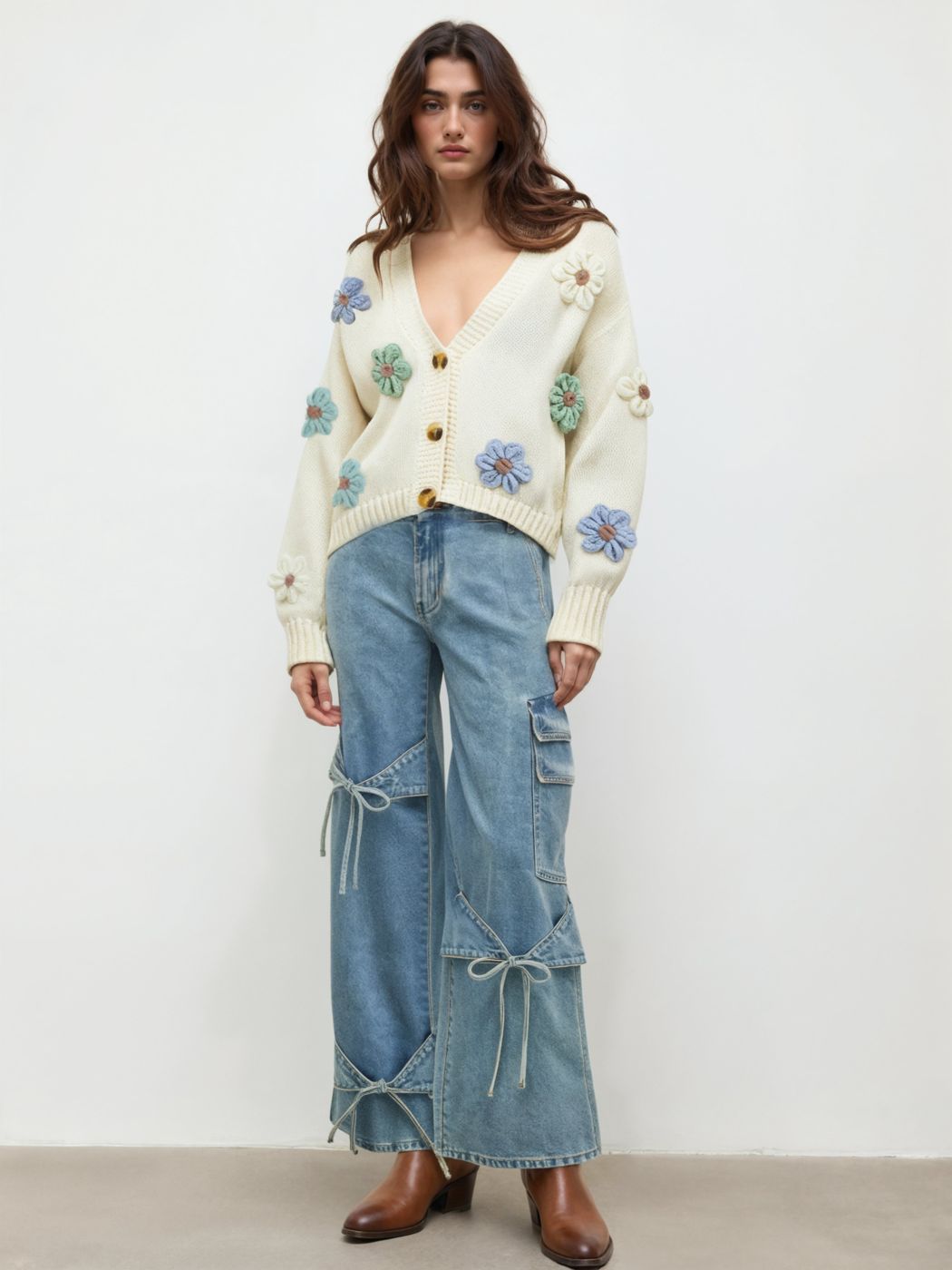 V-neck Button Flower Cardigan