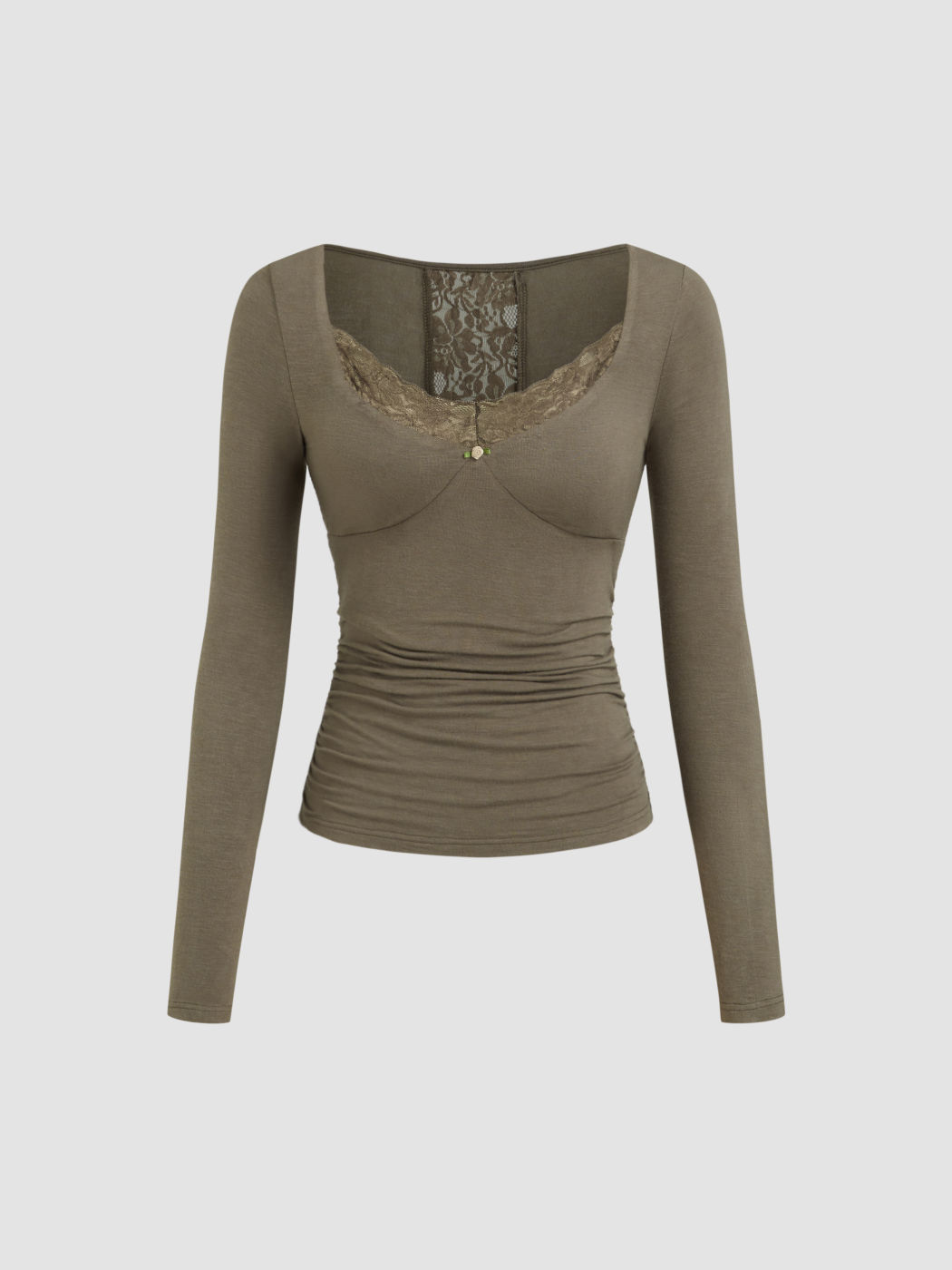 U-neckline Ruched Lace Patched Top