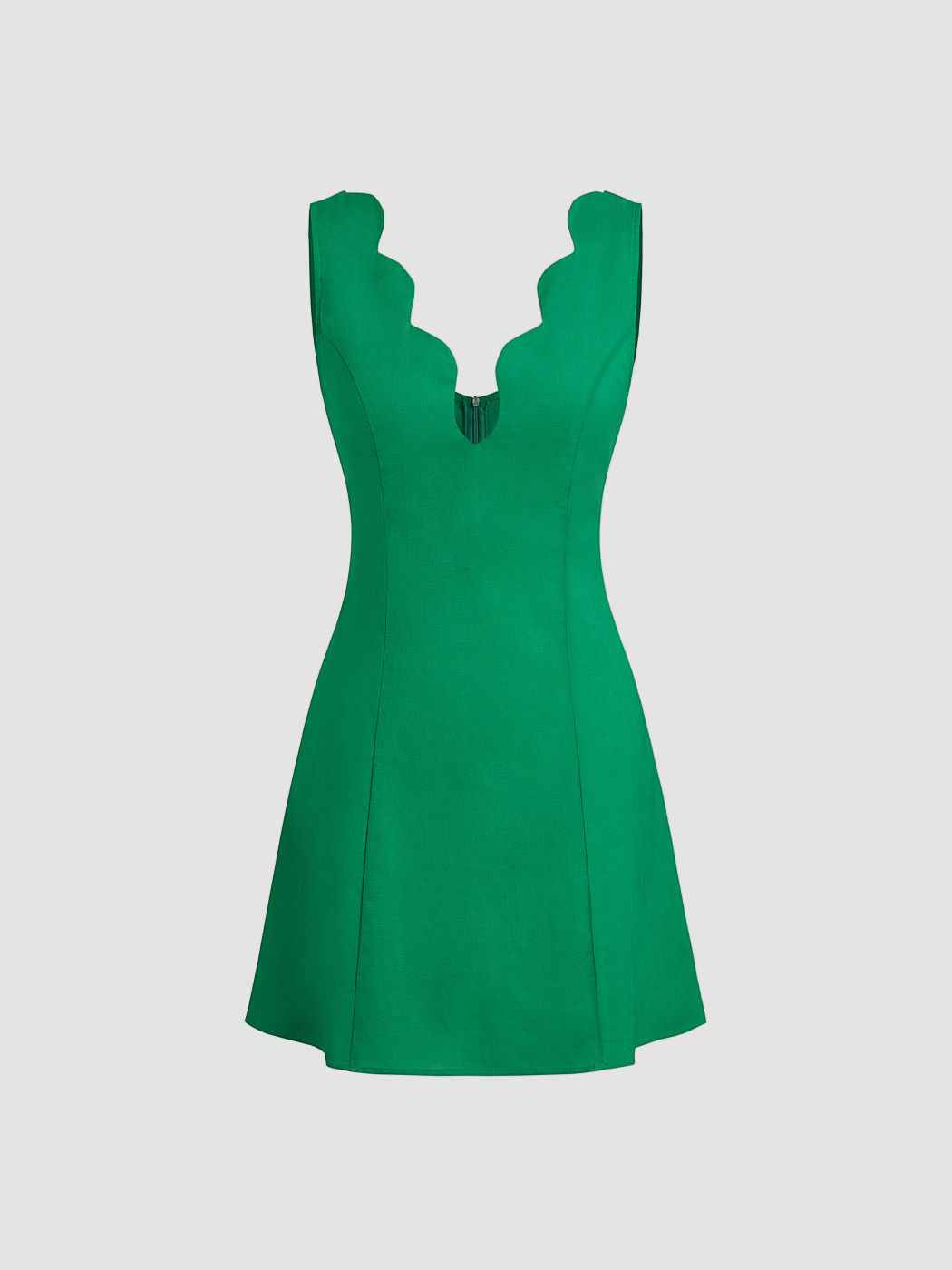 Leinen-Mischung V-Ausschnitt Wellenrand Mini-Kleid