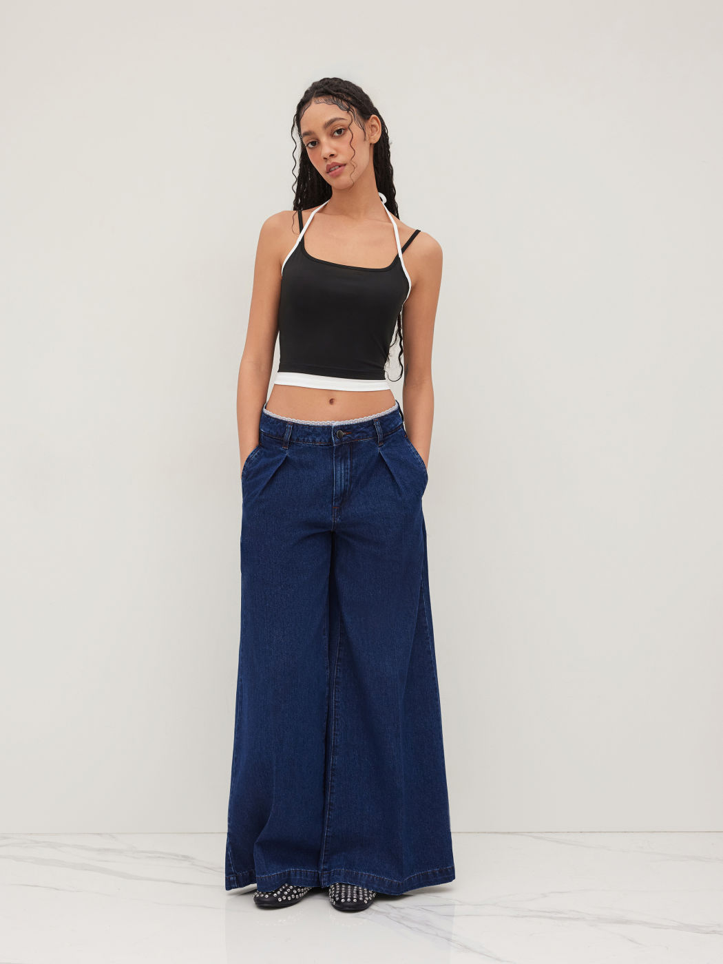 Denim Low Rise Lace Trim Baggy Jeans