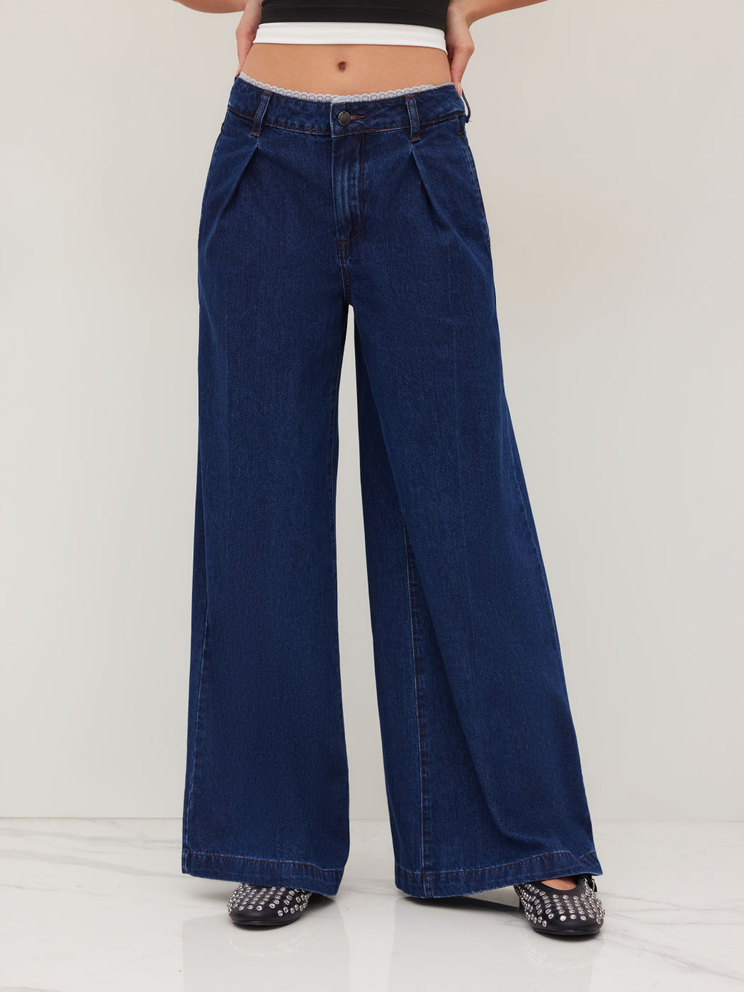 Denim Low Rise Lace Trim Baggy Jeans